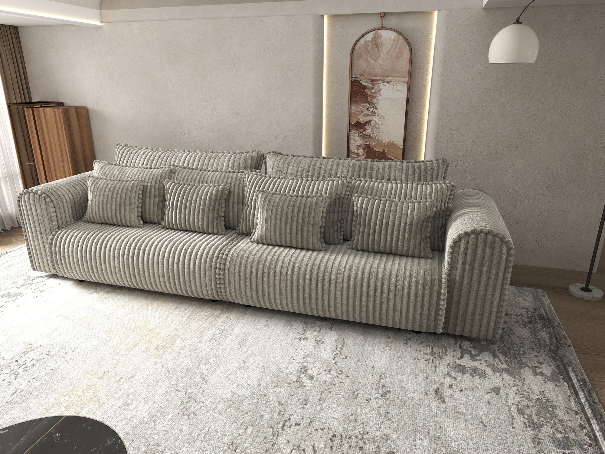 Dumonde kihúzható kanapé tárolórekesszel és kényelmes, nagy sűrűségű habszivacs ülőrésszel, Monaco Tilia Capucino 300x130 cm