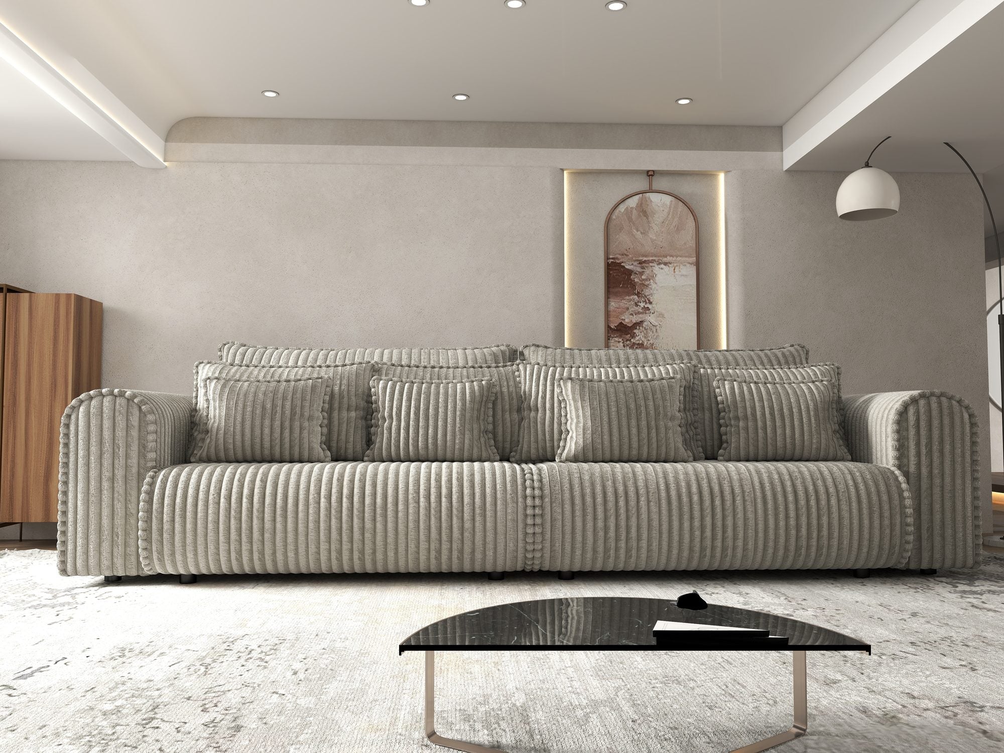 Dumonde kihúzható kanapé tárolórekesszel és kényelmes, nagy sűrűségű habszivacs ülőrésszel, Monaco Tilia Capucino 300x130 cm