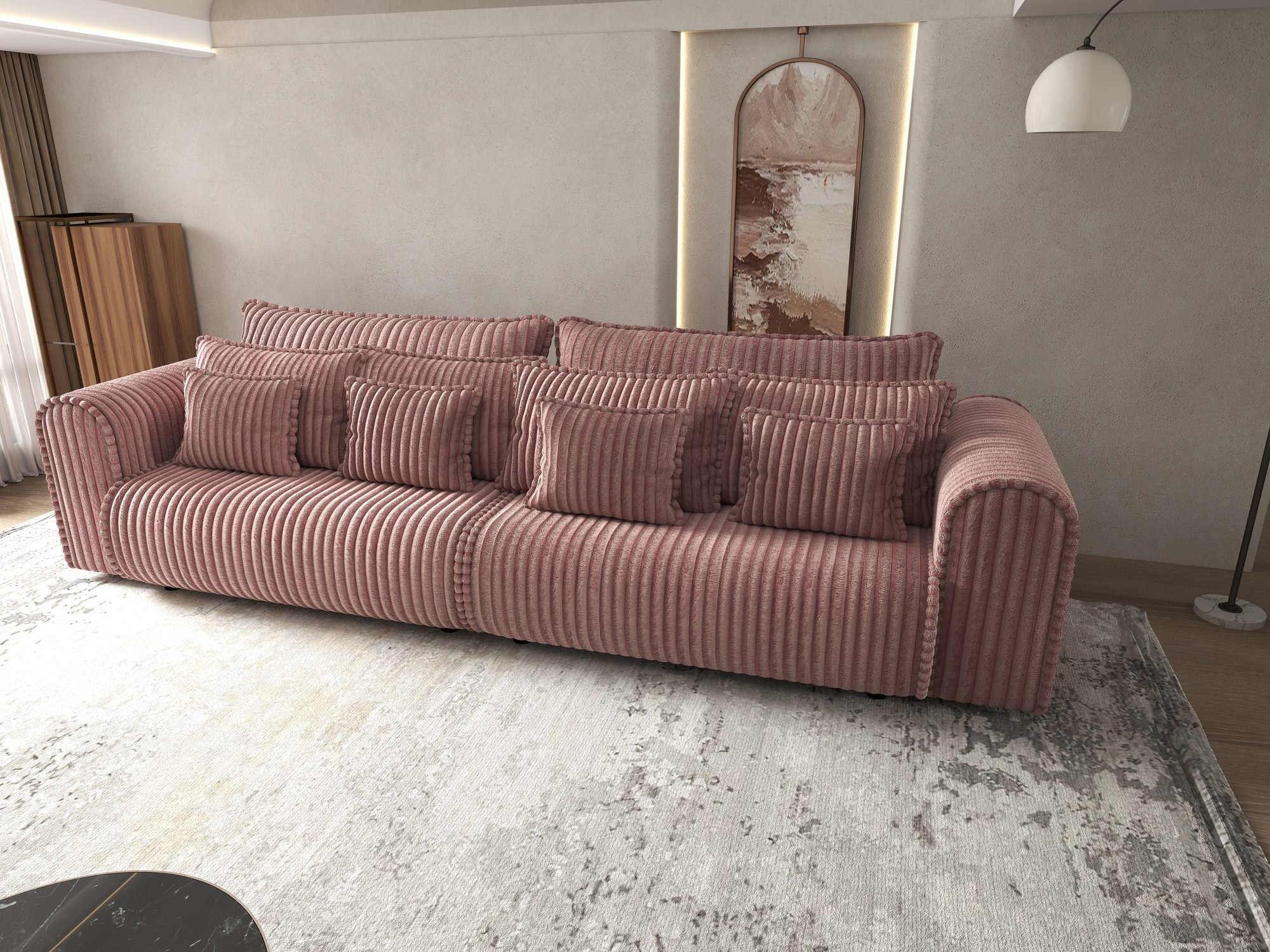 Dumonde kihúzható kanapé tárolórekesszel és kényelmes, nagy sűrűségű habszivacs ülőrésszel, Monaco Tilia Rózsaszín 300x130 cm