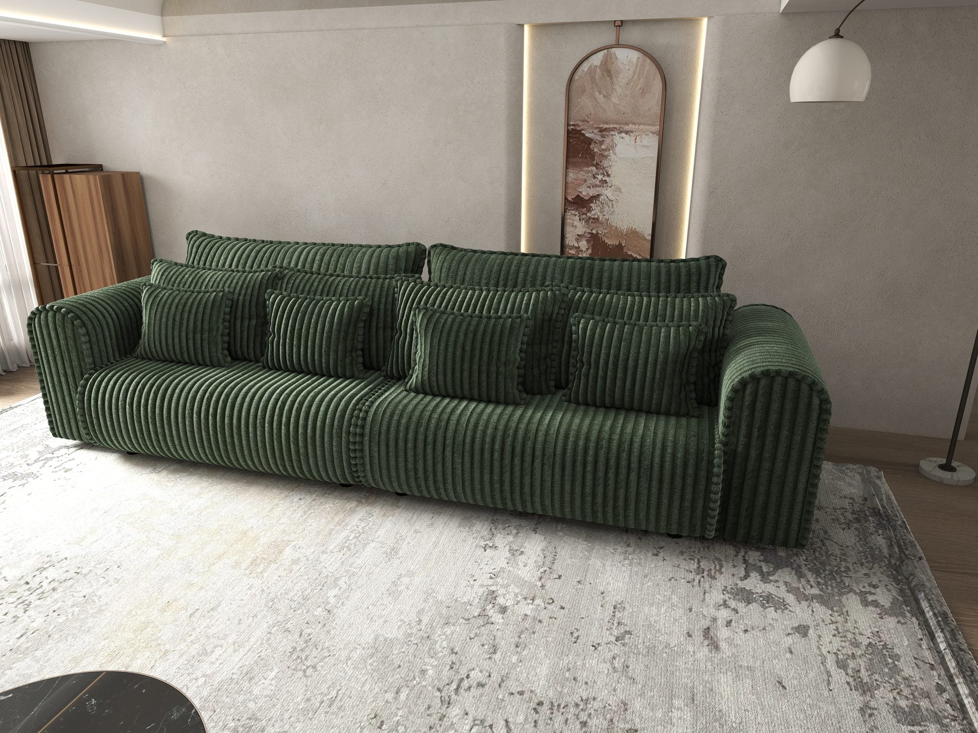 Dumonde kihúzható kanapé tárolórekesszel és kényelmes, nagy sűrűségű habszivacs ülőrésszel, Monaco Tilia Zöld 300x130 cm