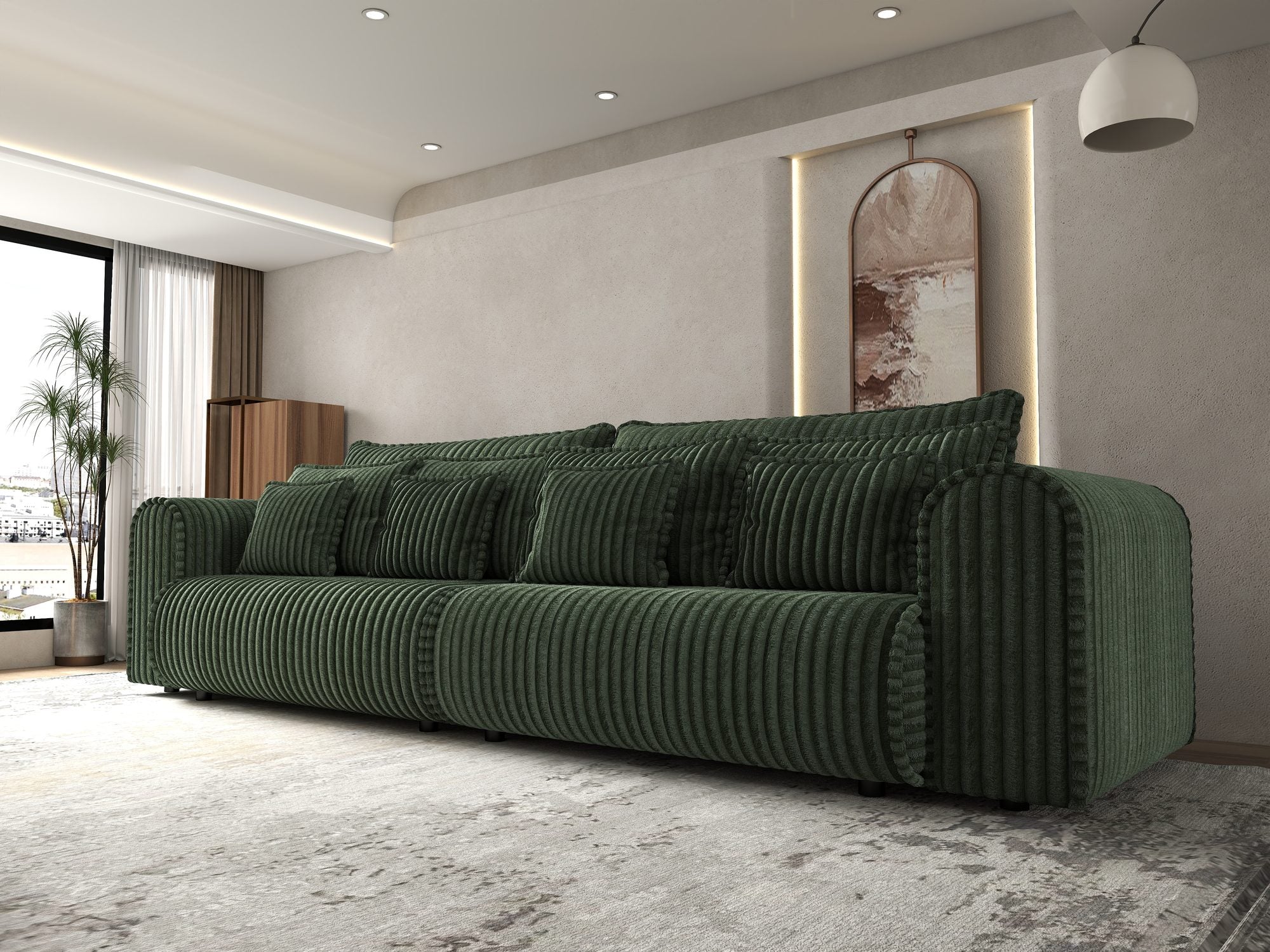 Dumonde kihúzható kanapé tárolórekesszel és kényelmes, nagy sűrűségű habszivacs ülőrésszel, Monaco Tilia Zöld 300x130 cm