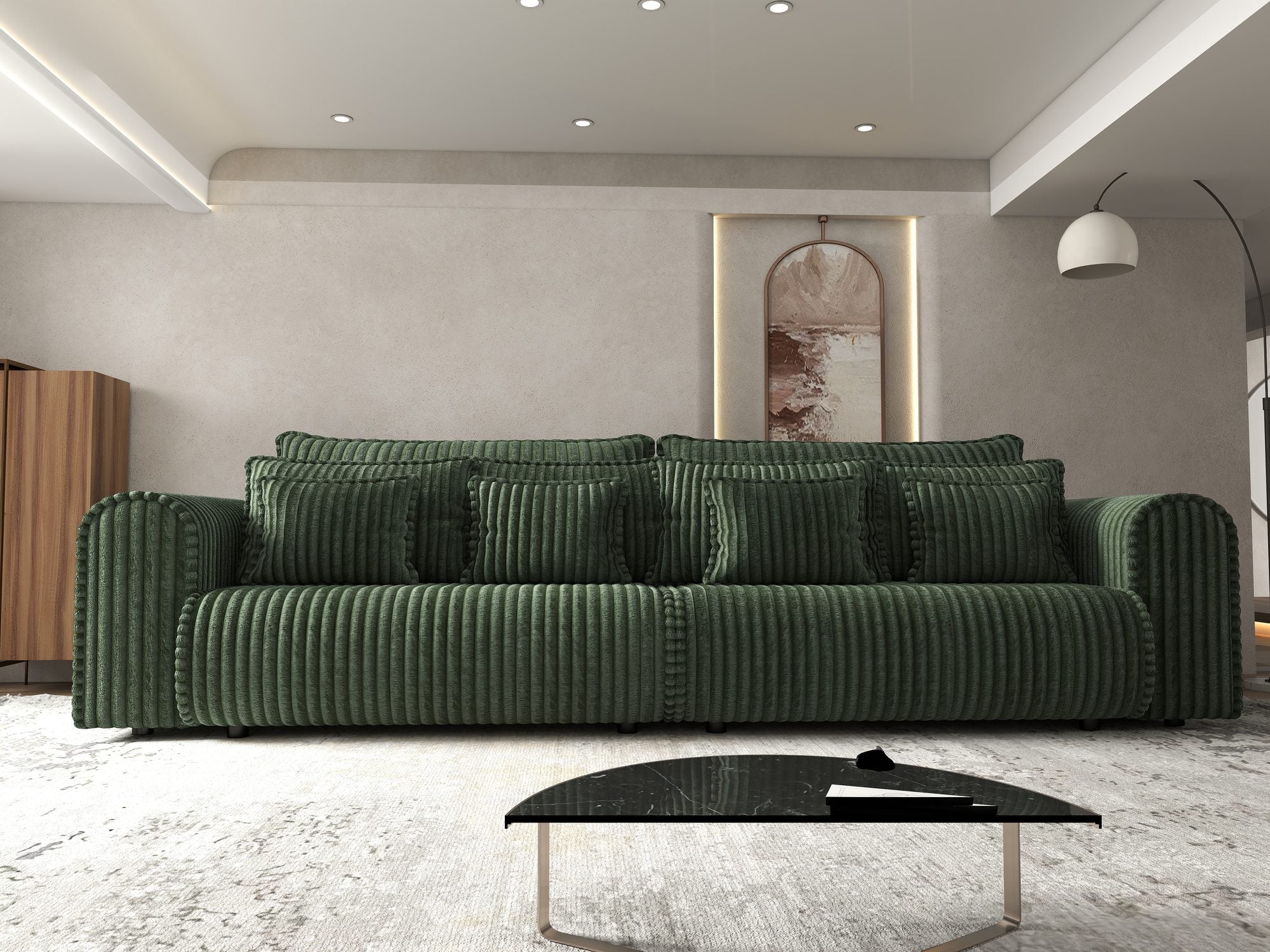 Dumonde kihúzható kanapé tárolórekesszel és kényelmes, nagy sűrűségű habszivacs ülőrésszel, Monaco Tilia Zöld 300x130 cm