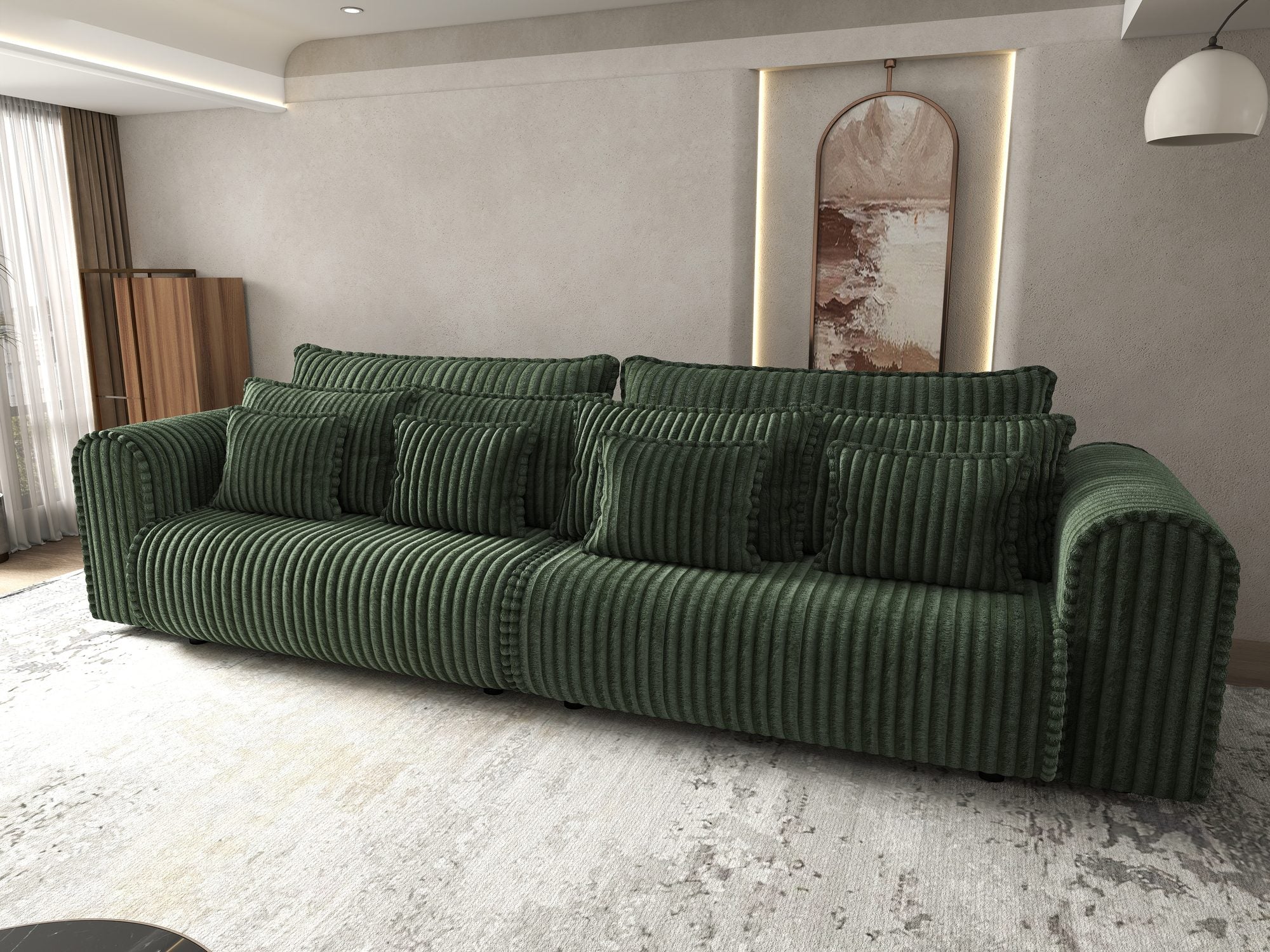 Dumonde kihúzható kanapé tárolórekesszel és kényelmes, nagy sűrűségű habszivacs ülőrésszel, Monaco Tilia Zöld 300x130 cm