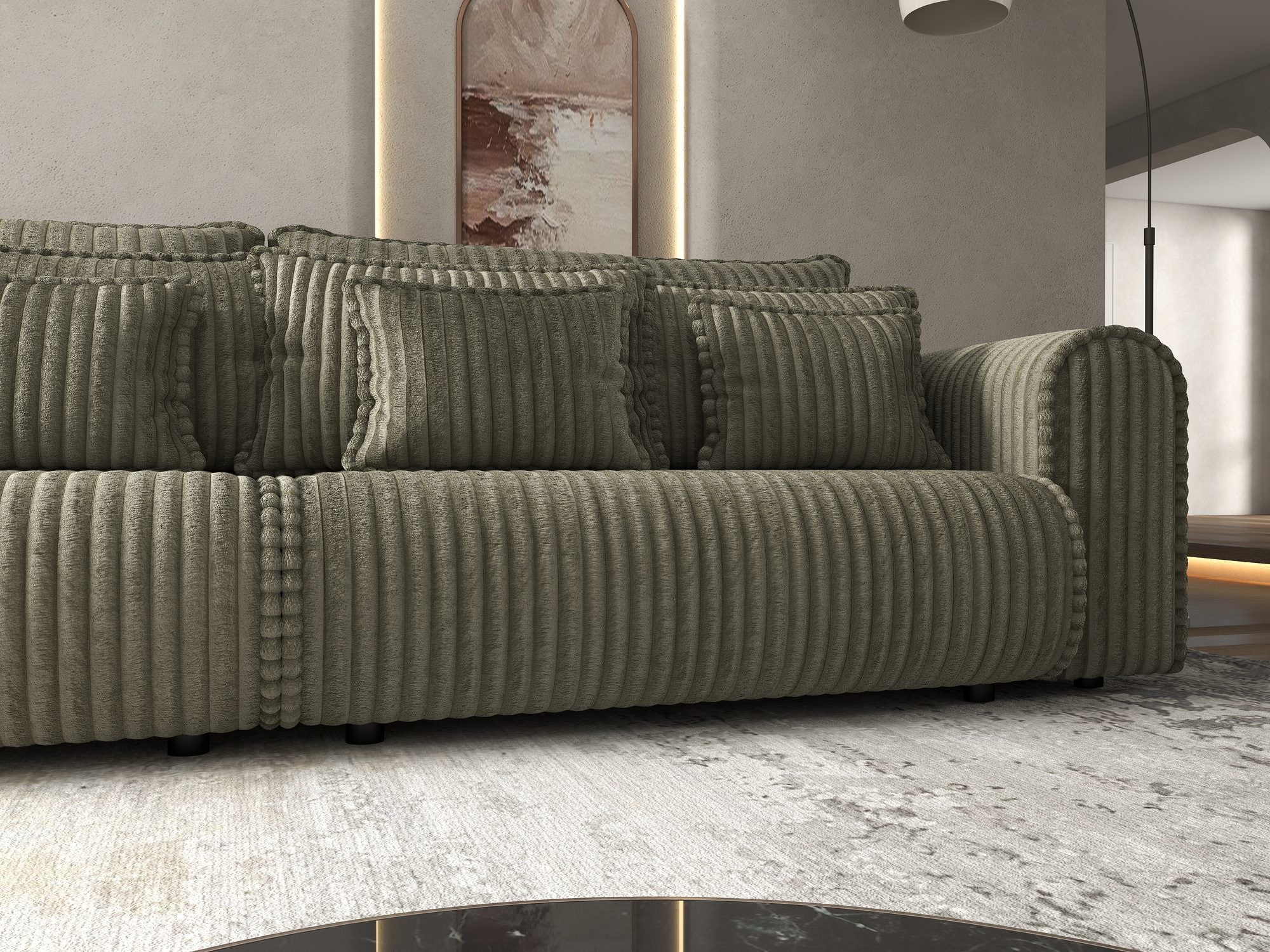 Dumonde kihúzható kanapé tárolórekesszel és kényelmes, nagy sűrűségű habszivacs ülőrésszel, Monaco Tilia Olive 300x130 cm