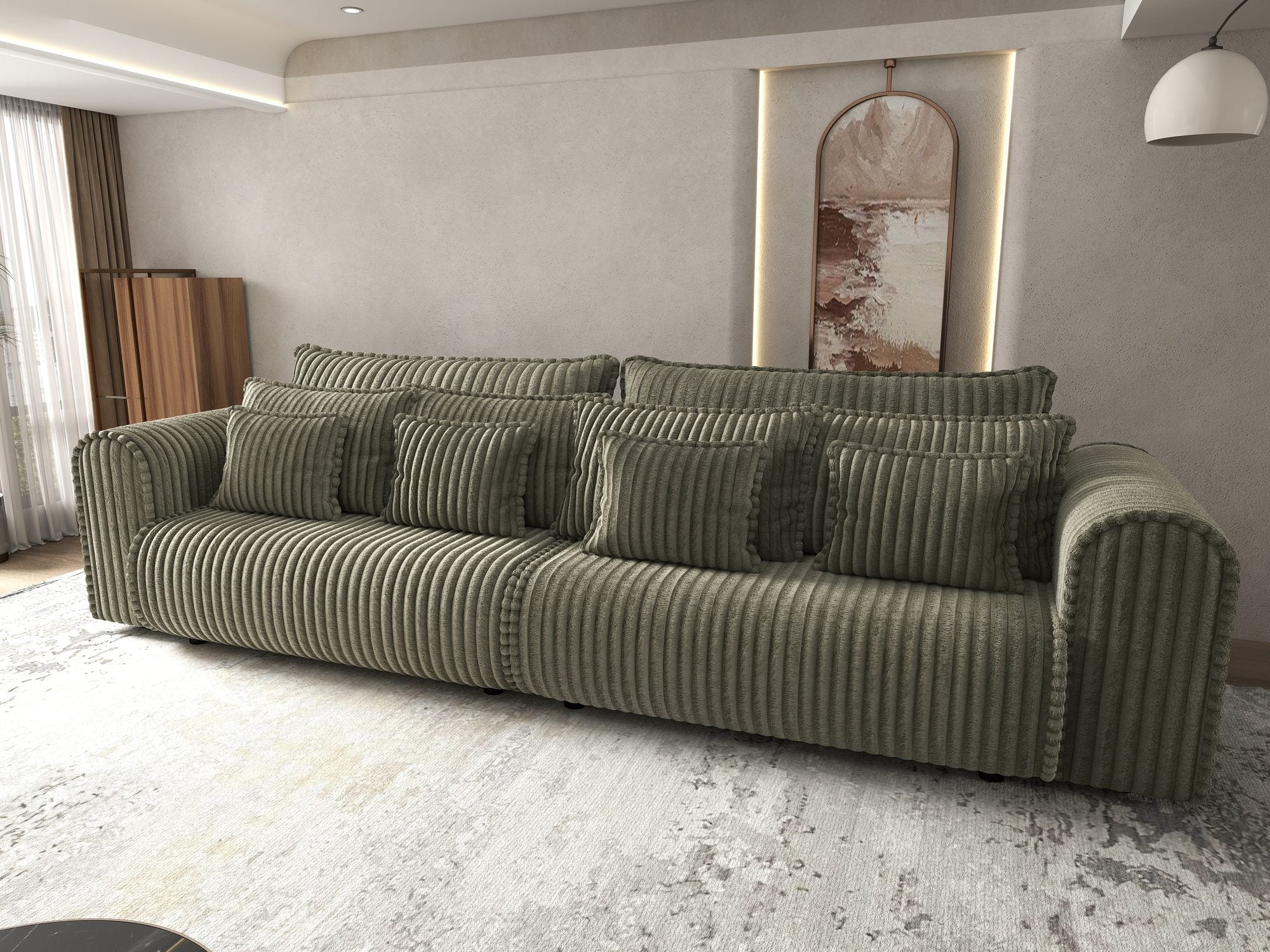 Dumonde kihúzható kanapé tárolórekesszel és kényelmes, nagy sűrűségű habszivacs ülőrésszel, Monaco Tilia Olive 300x130 cm