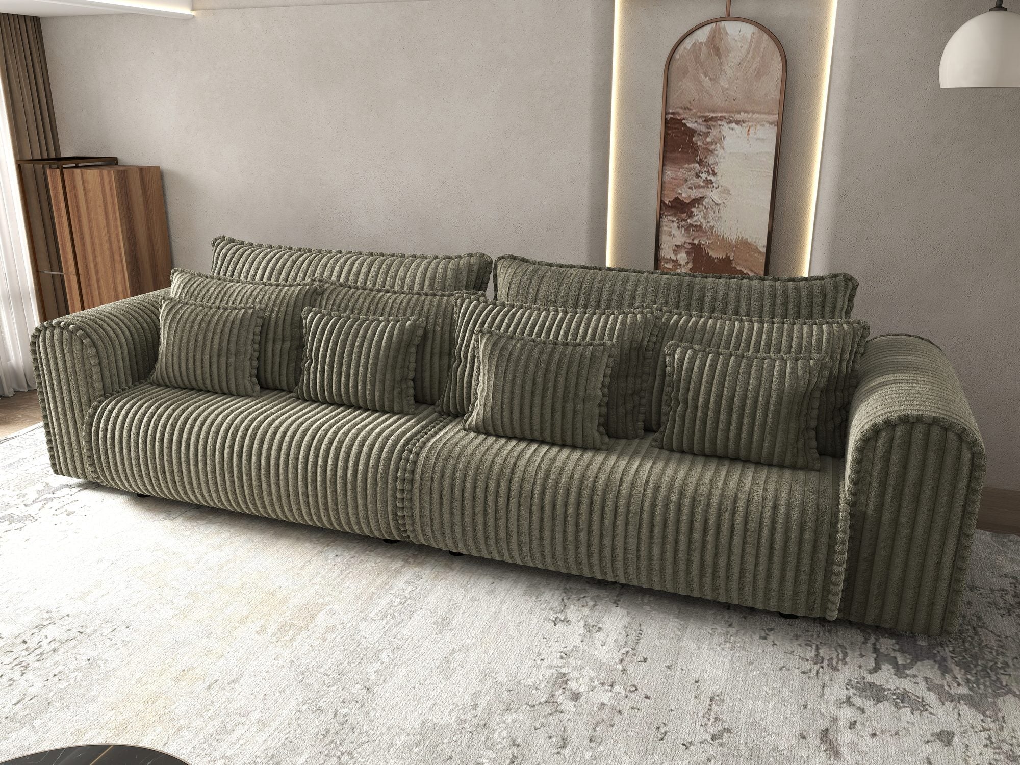 Dumonde kihúzható kanapé tárolórekesszel és kényelmes, nagy sűrűségű habszivacs ülőrésszel, Monaco Tilia Olive 300x130 cm