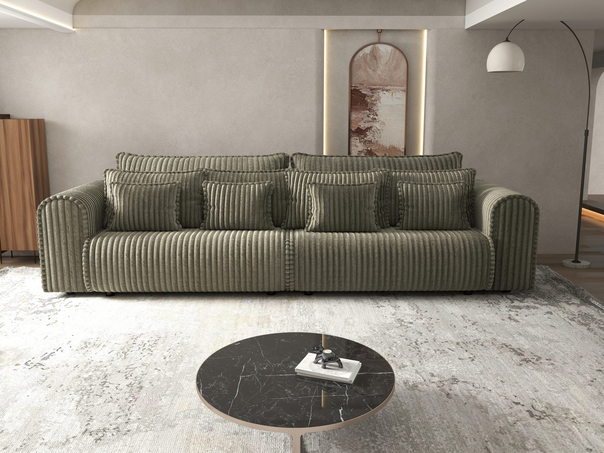Dumonde kihúzható kanapé tárolórekesszel és kényelmes, nagy sűrűségű habszivacs ülőrésszel, Monaco Tilia Olive 300x130 cm