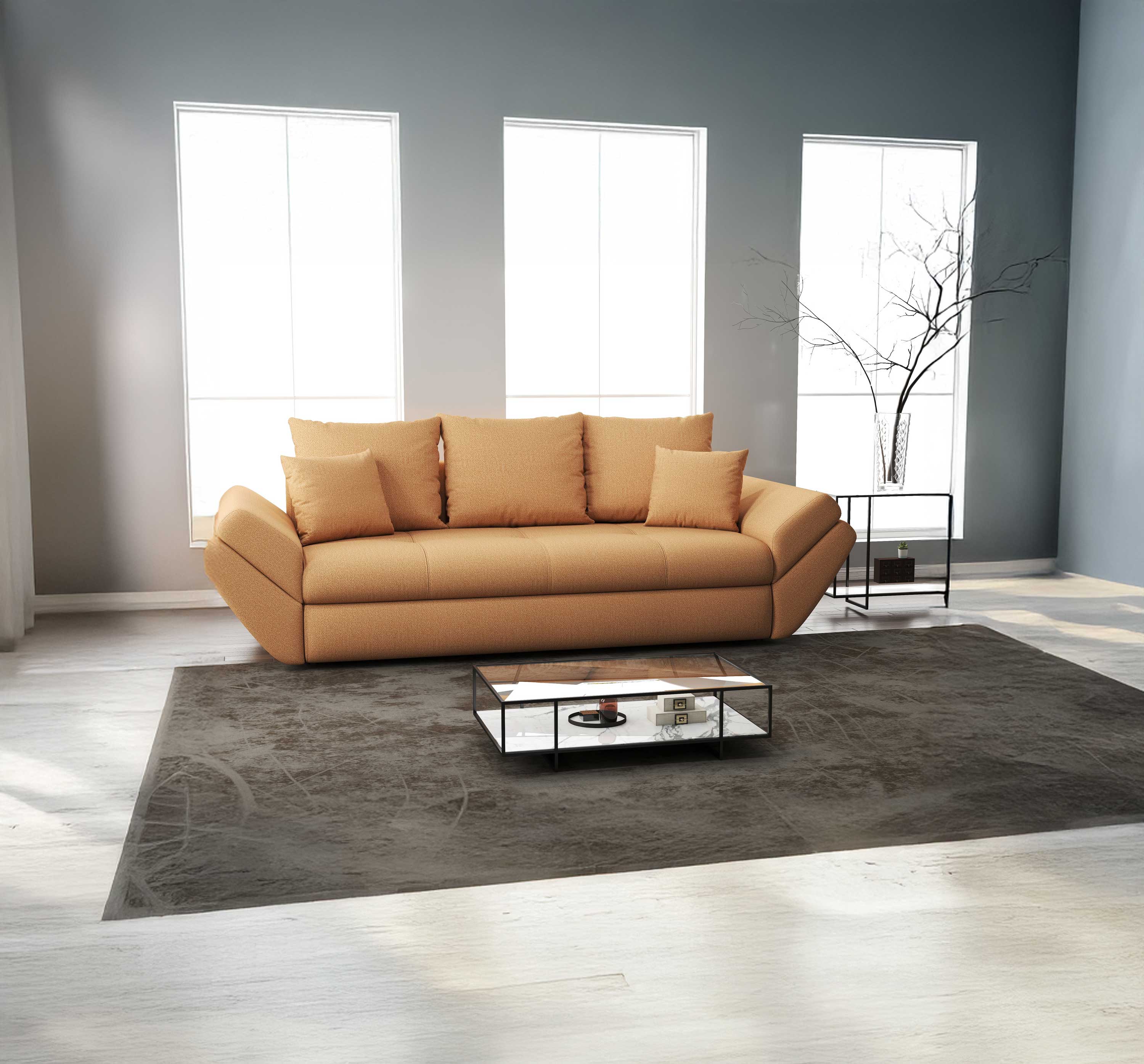 Canapea extensibilă dumonde cu ladă de depozitare si sezut confortabil din spuma HR, Loana Enjoy Mango 250x100 cm Fabrica