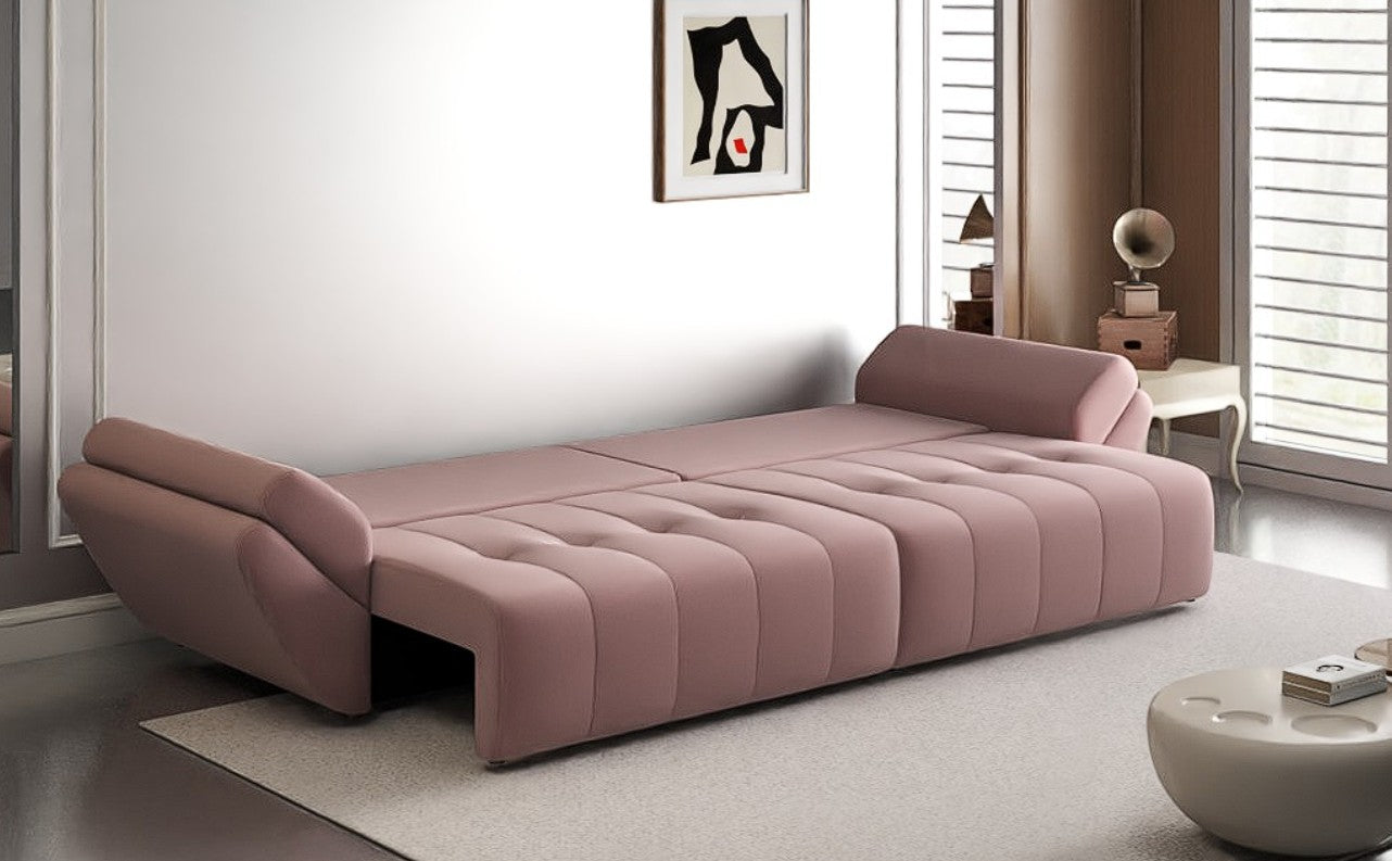 Canapea extensibilă dumonde cu ladă de depozitare si sezut confortabil din spuma HR, Berlin Royal Pink 300x100 cm Fabrica
