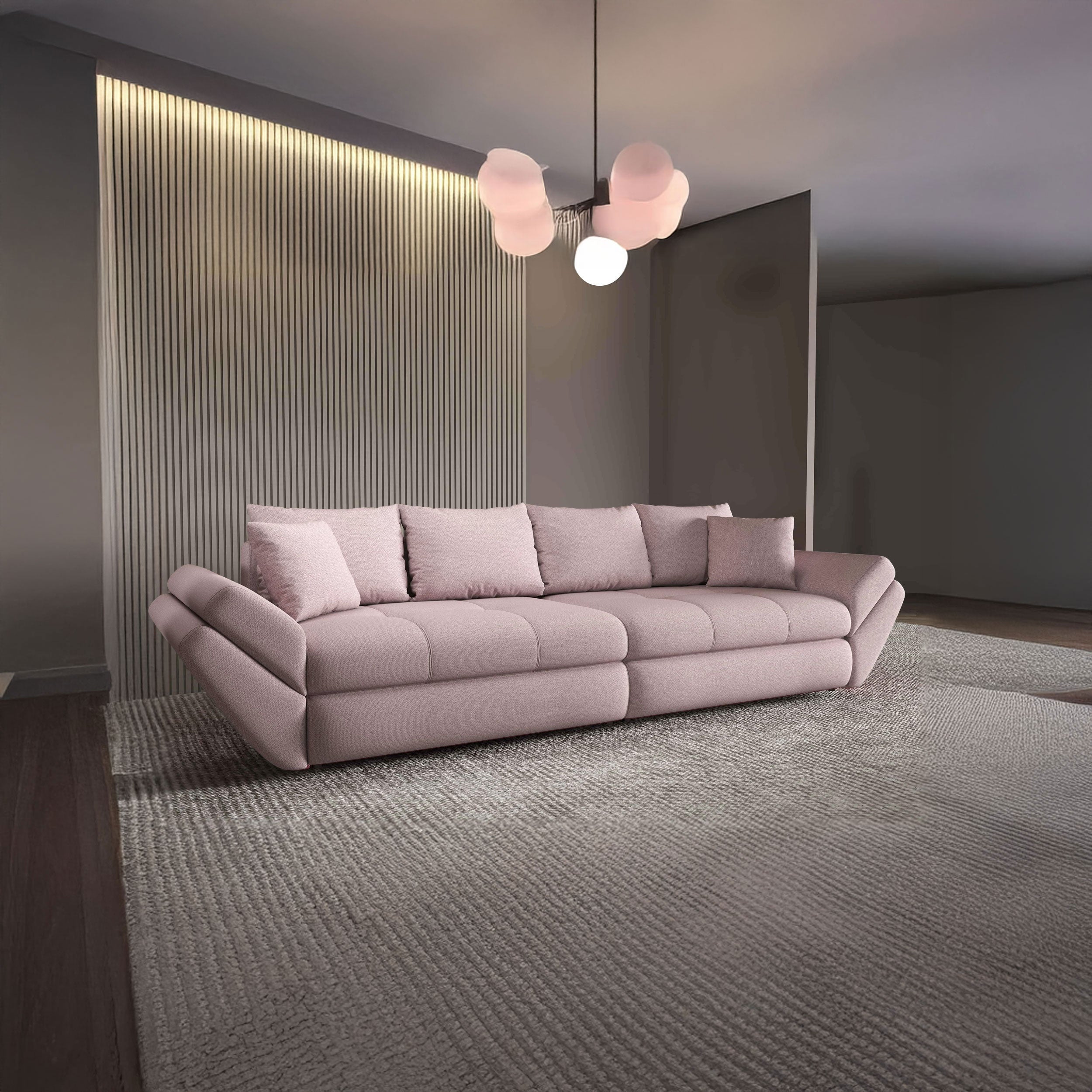 Canapea extensibilă dumonde cu ladă de depozitare si sezut confortabil din spuma HR, Loana Enjoy Roz 300x100 cm Fabrica