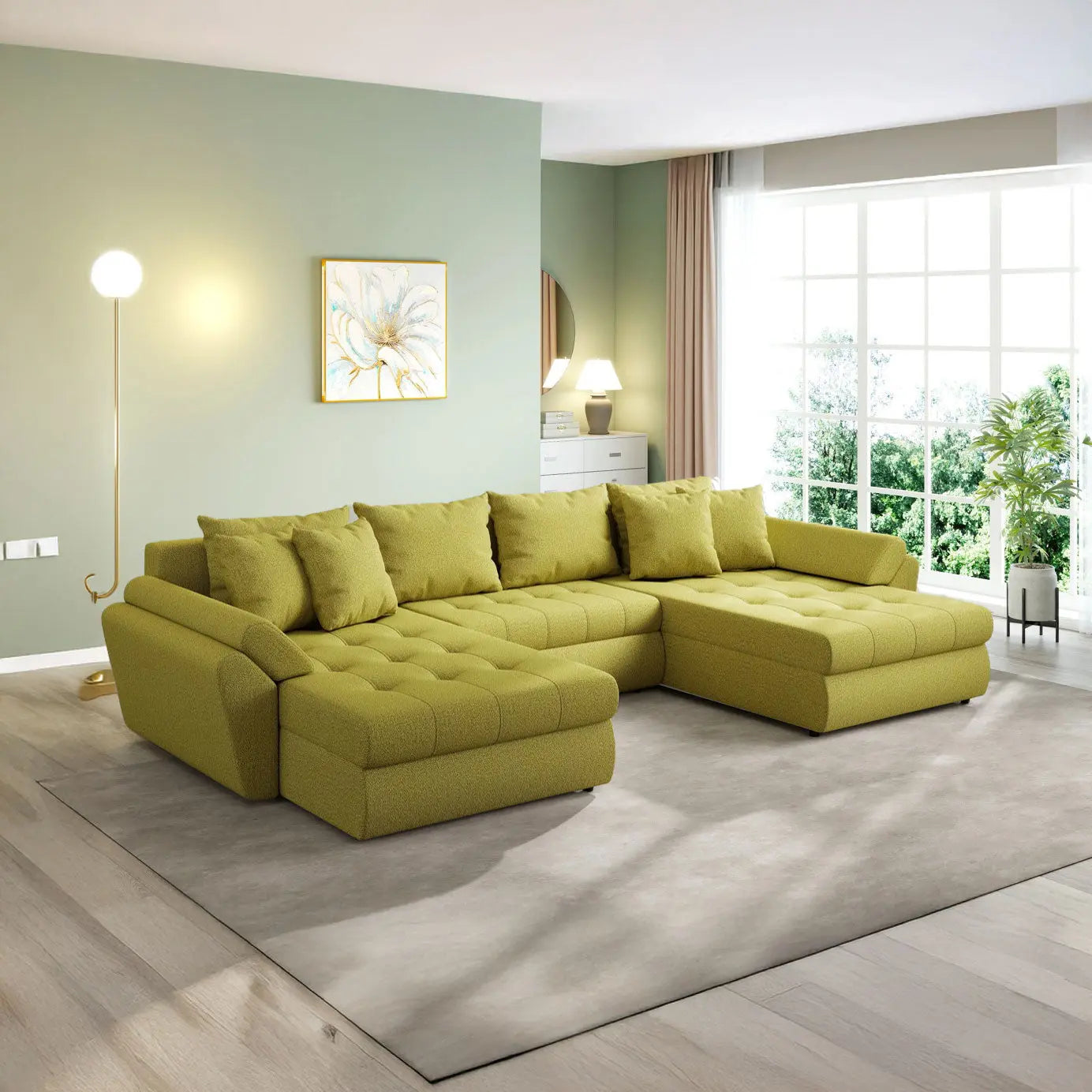 Colțar extensibil dumonde cu ladă de depozitare si sezut confortabil din spuma HR, Loana U Enjoy Green 355x185 cm Fabrica