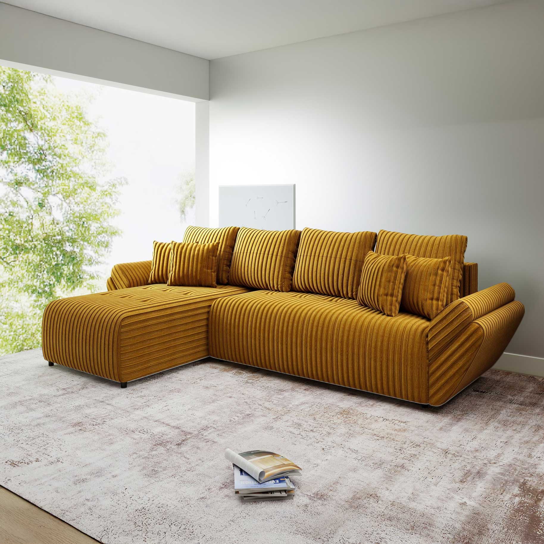 Colțar extensibil dumonde cu ladă de depozitare si sezut confortabil din spuma high-density, Berlin XL Ambience Mustar 350x185 cm