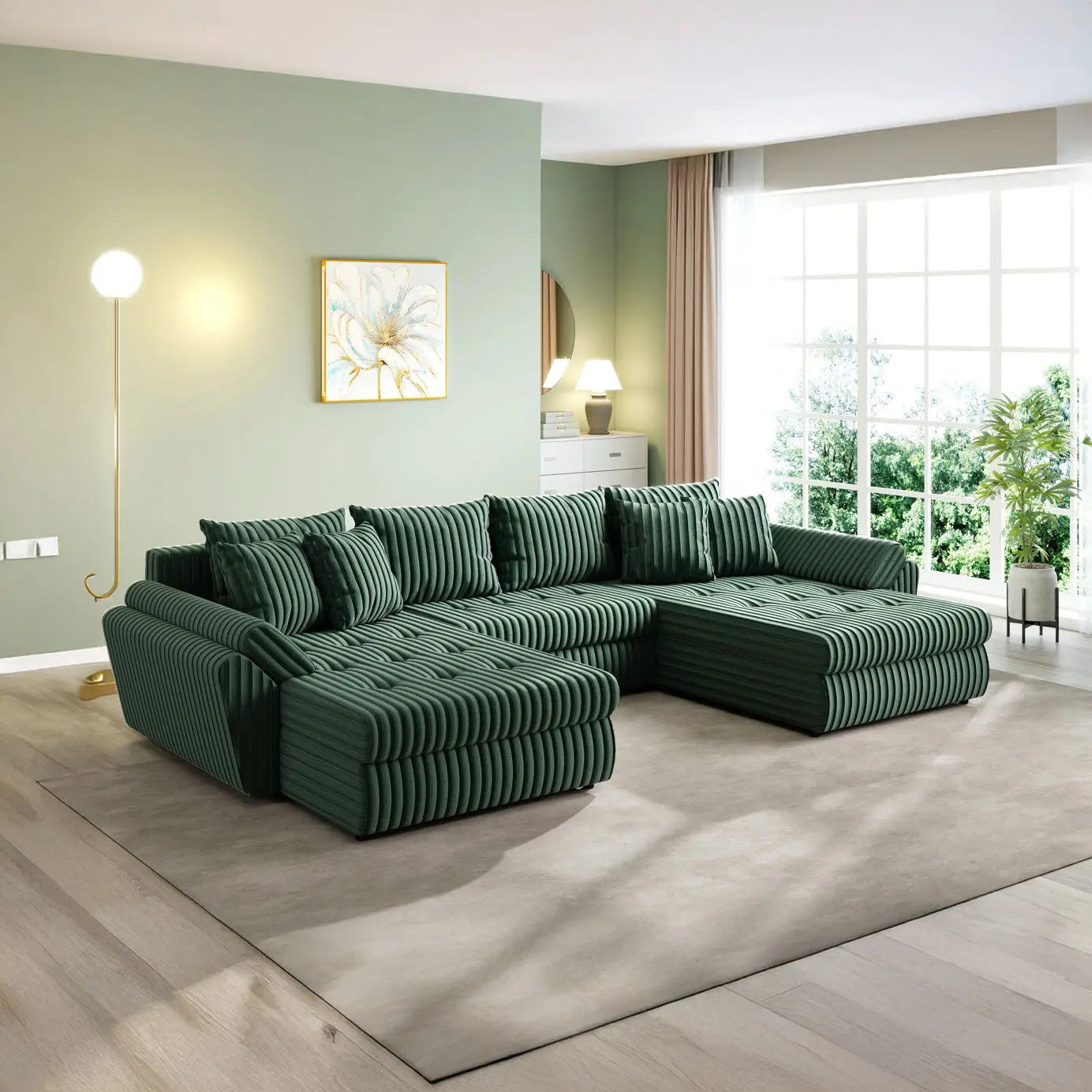 Colțar extensibil dumonde cu ladă de depozitare si sezut confortabil din spuma HR, Loana U Ambience Green 355x185 cm Fabrica