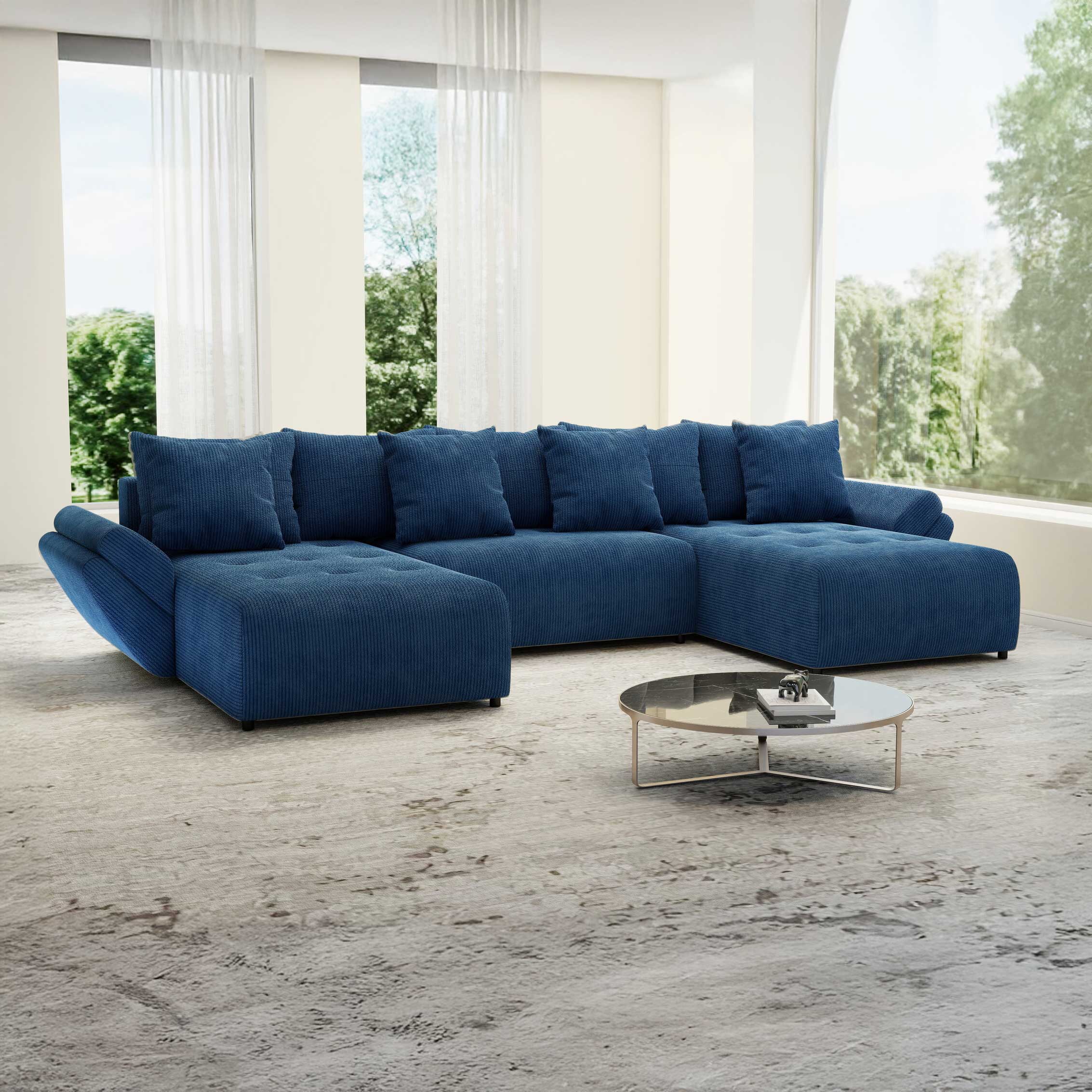 Colțar extensibil dumonde cu ladă de depozitare si sezut confortabil din spuma high-density, Berlin U Zoom Blue 400x185 cm