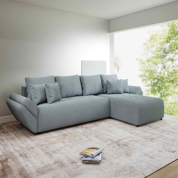 Berlin XL Zoom Grey II 350x185 cm kihúzható sarokülő, ágyneműtartóval és kényelmes, nagy sűrűségű habszivacs ülőfelülettel