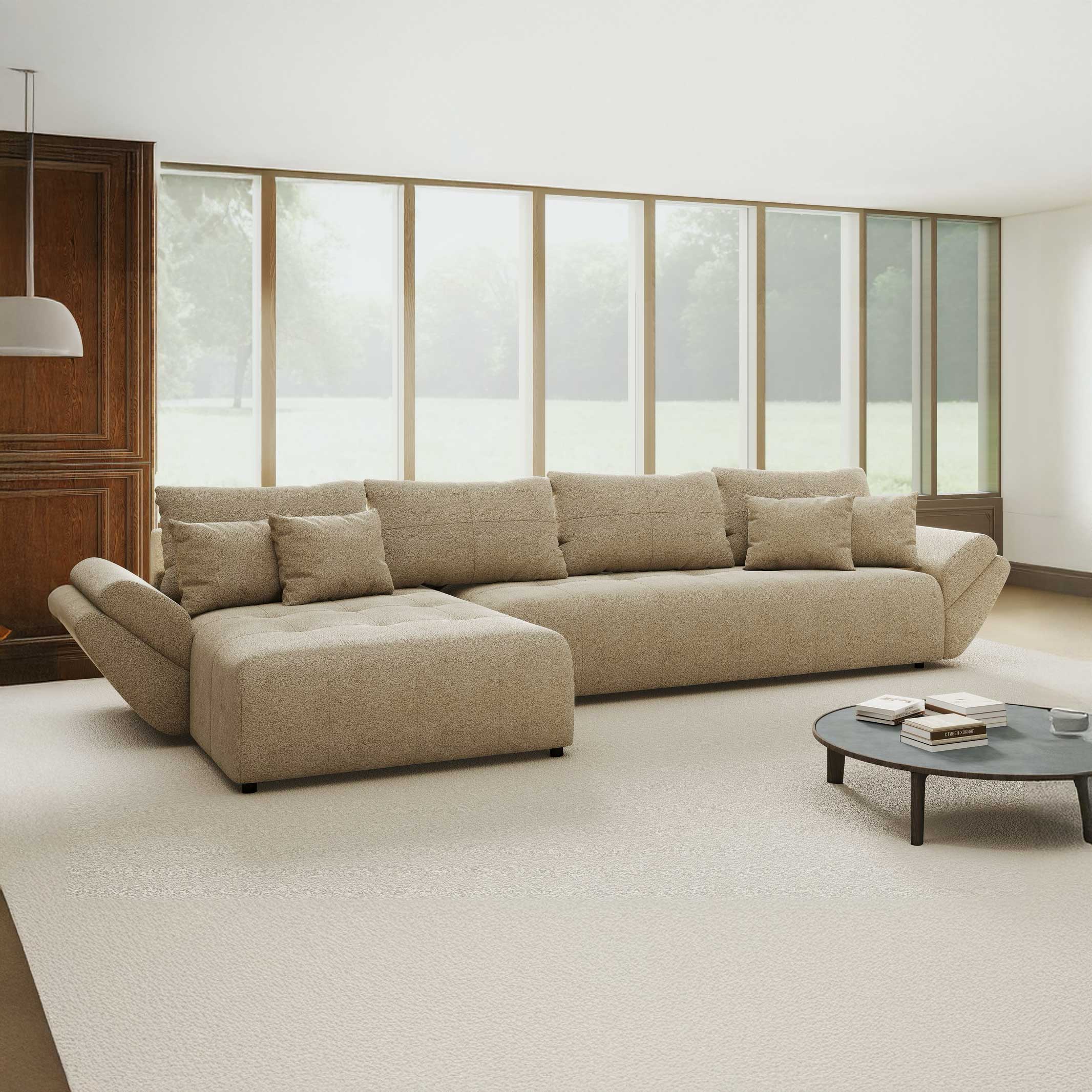 Colțar extensibil dumonde cu ladă de depozitare si sezut confortabil din spuma high-density, Berlin XL Quelle Bej 05 350x185 cm
