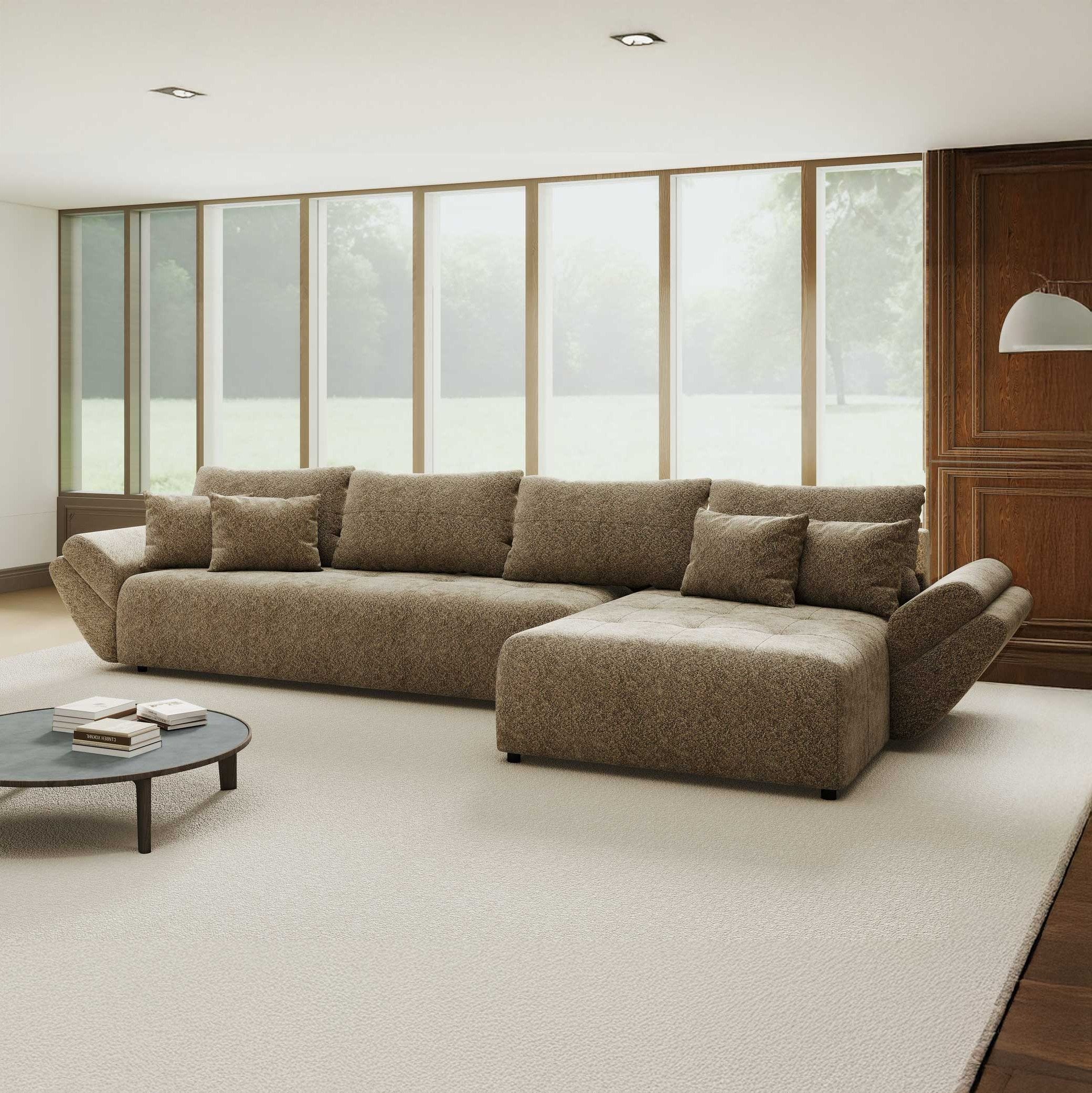 Colțar extensibil dumonde cu ladă de depozitare si sezut confortabil din spuma high-density, Berlin XL Arena Bej 4 II 350x185 cm