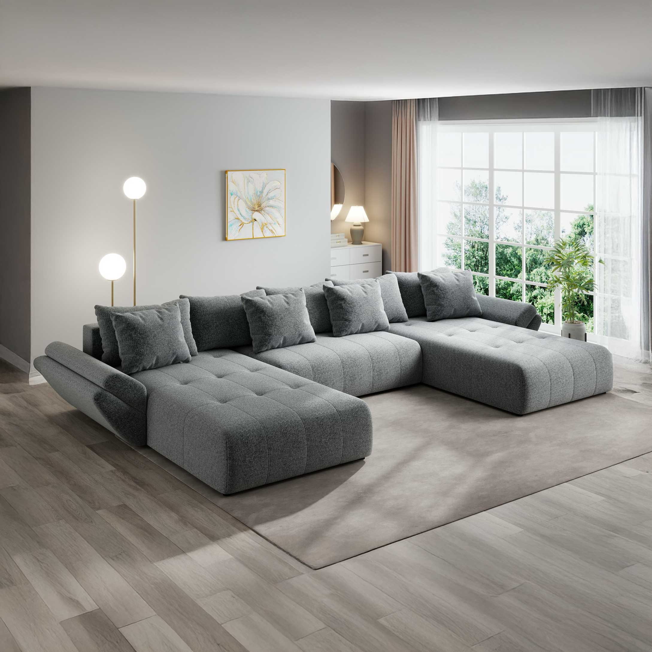 Colțar extensibil dumonde cu ladă de depozitare si sezut confortabil din spuma high-density, Berlin U Monte Gri 90 380x180 cm