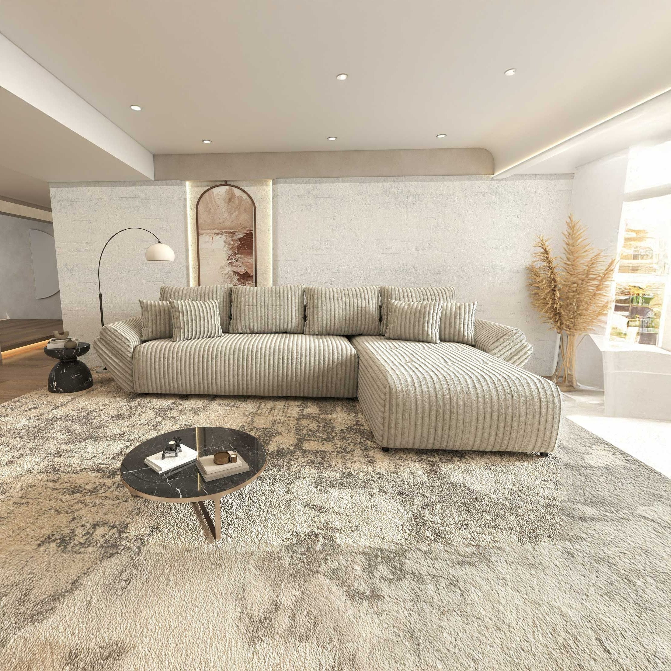 Colțar extensibil dumonde cu ladă de depozitare si sezut confortabil din spuma high-density, Berlin XL Tilia Gri- Bej 11 II 350x185 cm