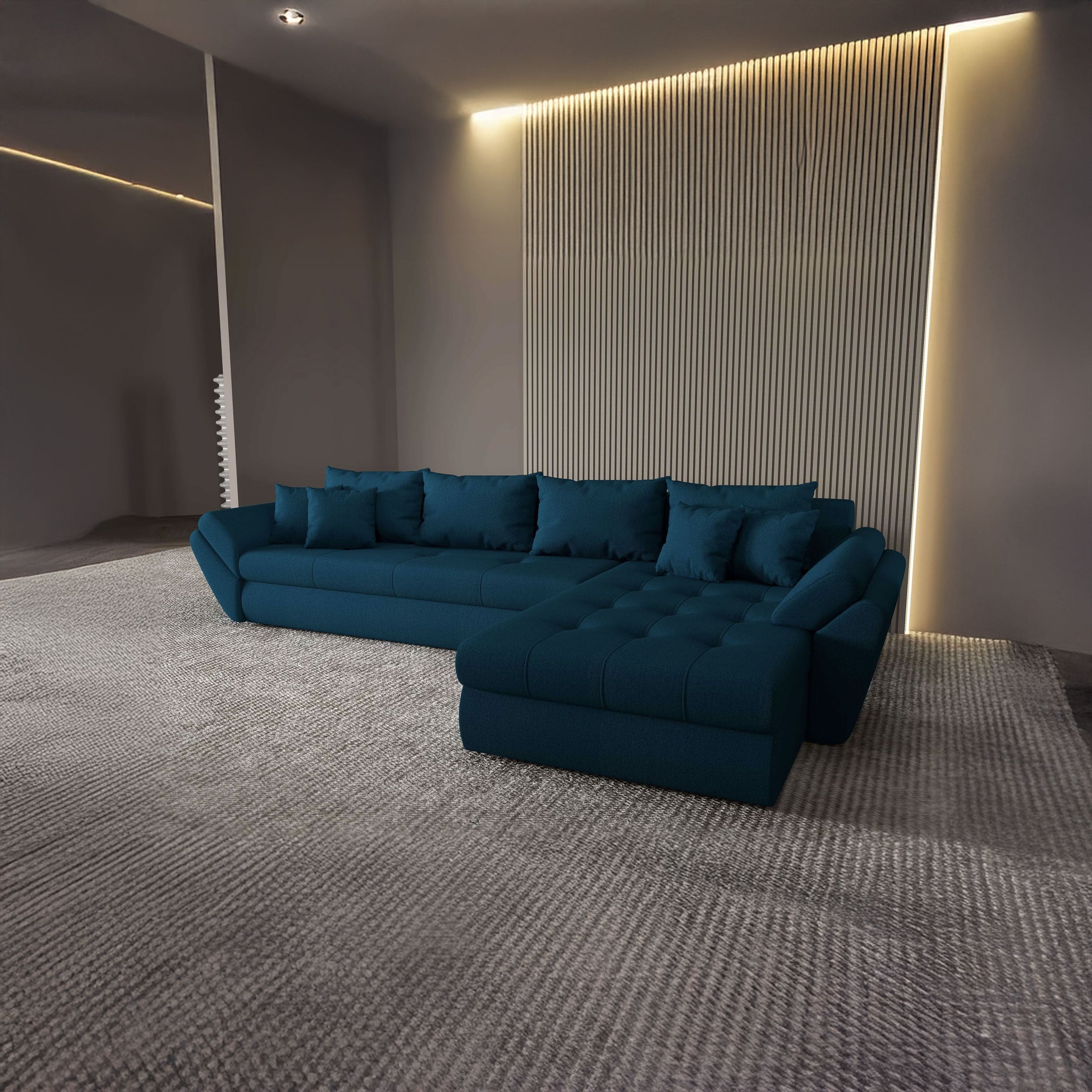 Colțar extensibil dumonde cu ladă de depozitare si sezut confortabil din spuma HR, Loana XL Enjoy Petrol II 335x185 cm Fabrica
