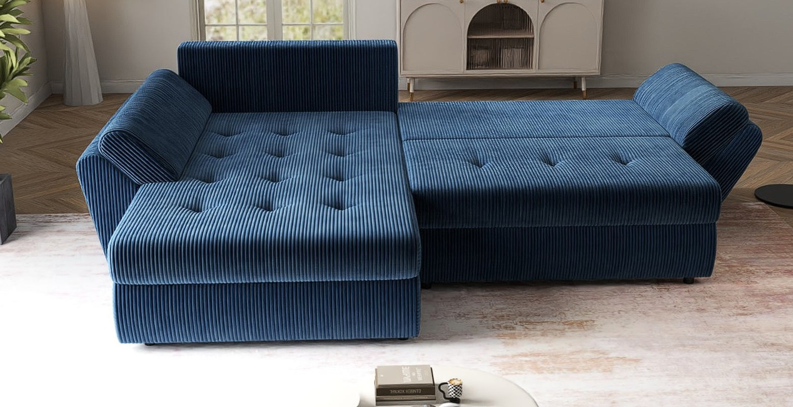 Colțar extensibil dumonde cu ladă de depozitare si sezut confortabil din spuma HR, Loana Zoom Blue 270x185 cm Fabrica