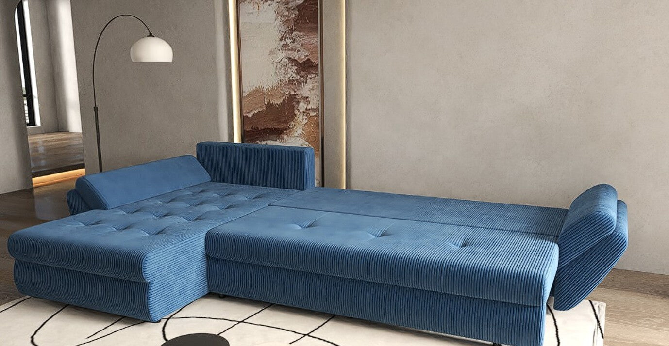 Colțar extensibil dumonde cu ladă de depozitare si sezut confortabil din spuma HR, Loana XL Zoom Albastru II 335x185 cm Fabrica