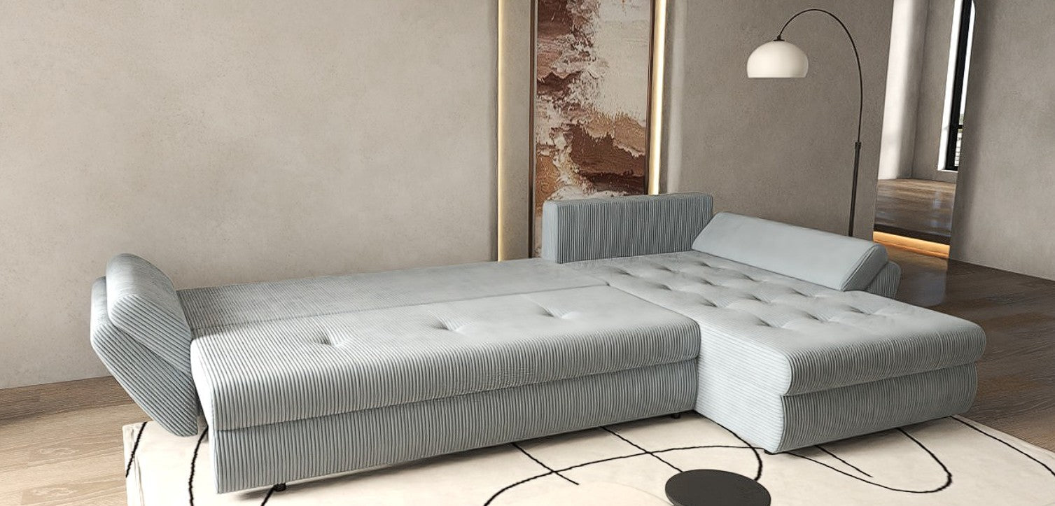 Colțar extensibil dumonde cu ladă de depozitare si sezut confortabil din spuma HR, Loana XL Zoom Grey 335x185 cm Fabrica