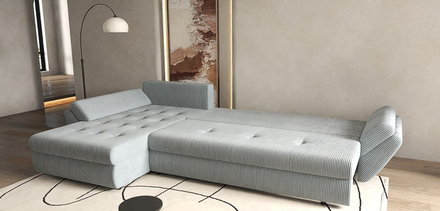 Colțar extensibil dumonde cu ladă de depozitare si sezut confortabil din spuma HR, Loana XL Zoom Grey II 335x185 cm Fabrica