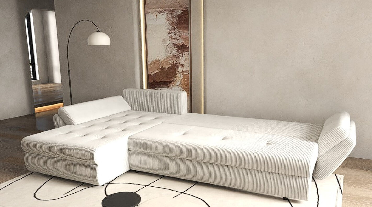 Colțar extensibil dumonde cu ladă de depozitare si sezut confortabil din spuma HR, Loana XL Zoom Cream II 335x185 cm Fabrica