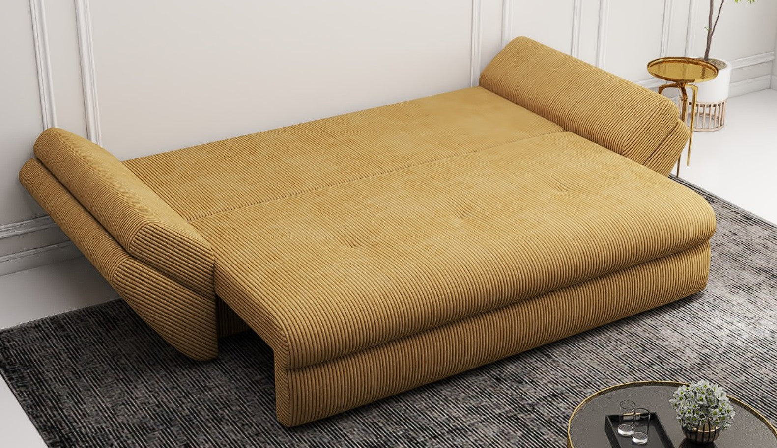 Canapea extensibilă dumonde cu ladă de depozitare si sezut confortabil din spuma HR, Loana Zoom Mustar 250x100 cm Fabrica