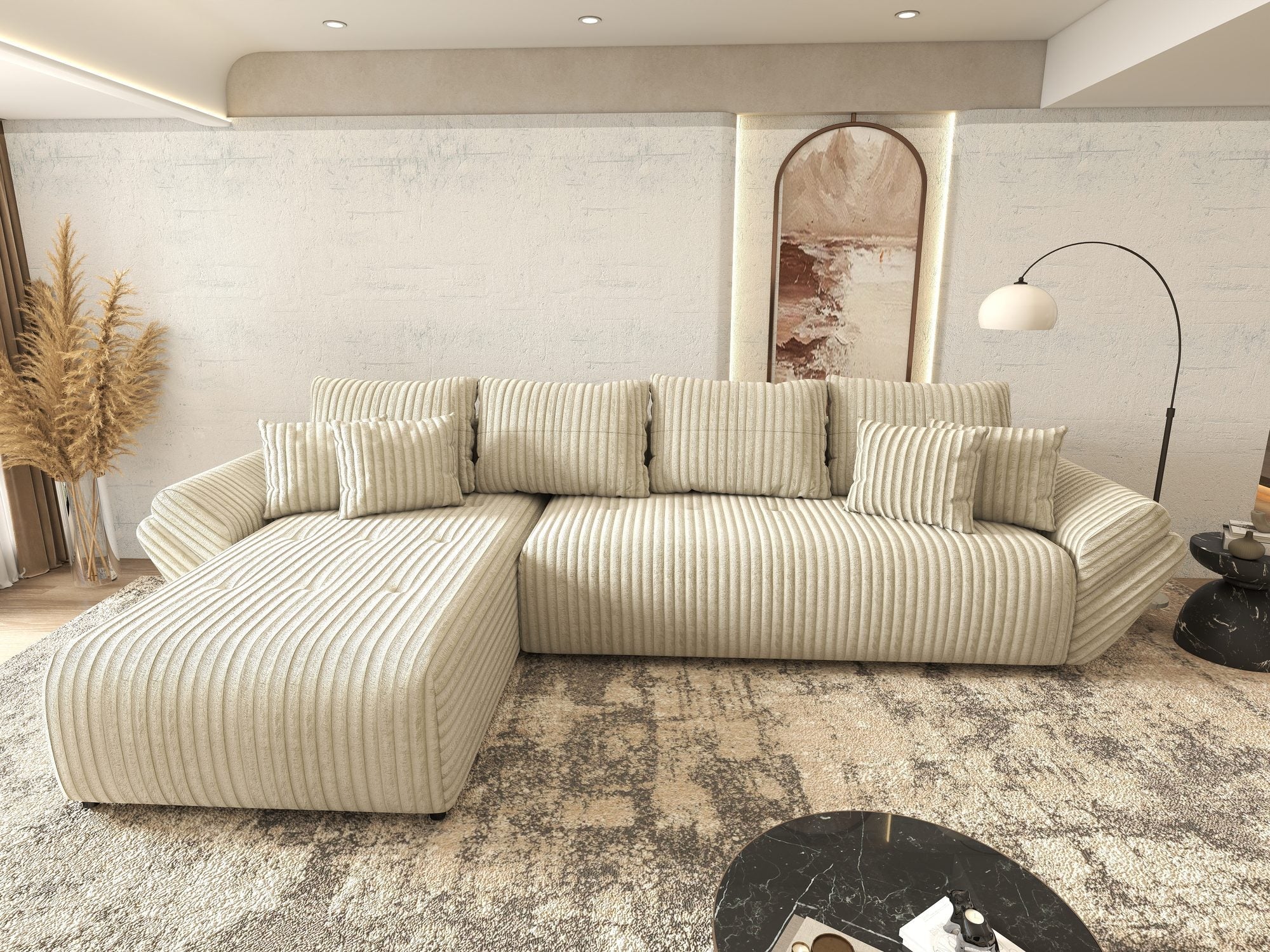 Colțar extensibil dumonde cu ladă de depozitare si sezut confortabil din spuma high-density, Berlin XL Tilia Bej 08 350x185 cm