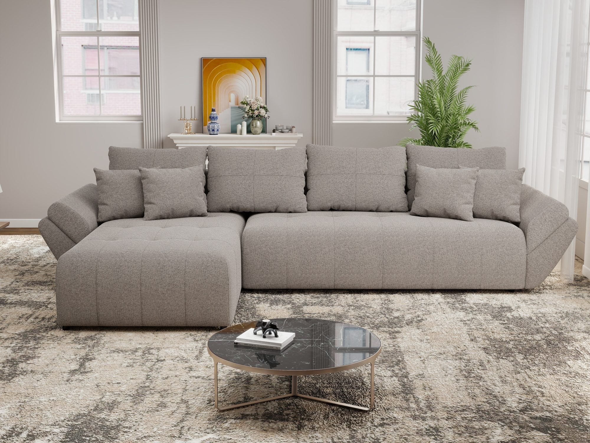 Colțar extensibil dumonde cu ladă de depozitare si sezut confortabil din spuma high-density, Berlin XL Monte Gri 16 350x185 cm