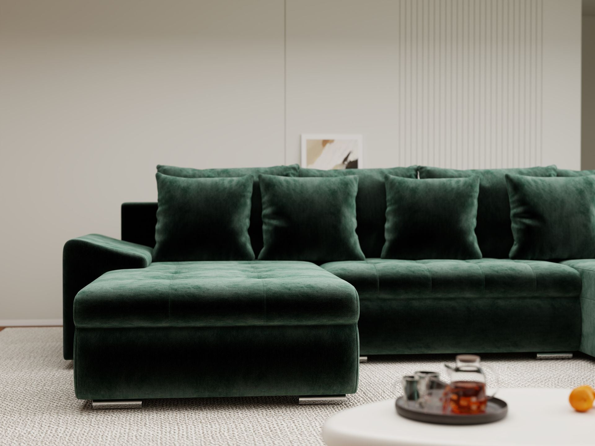 Colțar extensibil dumonde cu ladă de depozitare si sezut confortabil din spuma high-density, Leonardo U Monolith Verde 37 360x185 cm