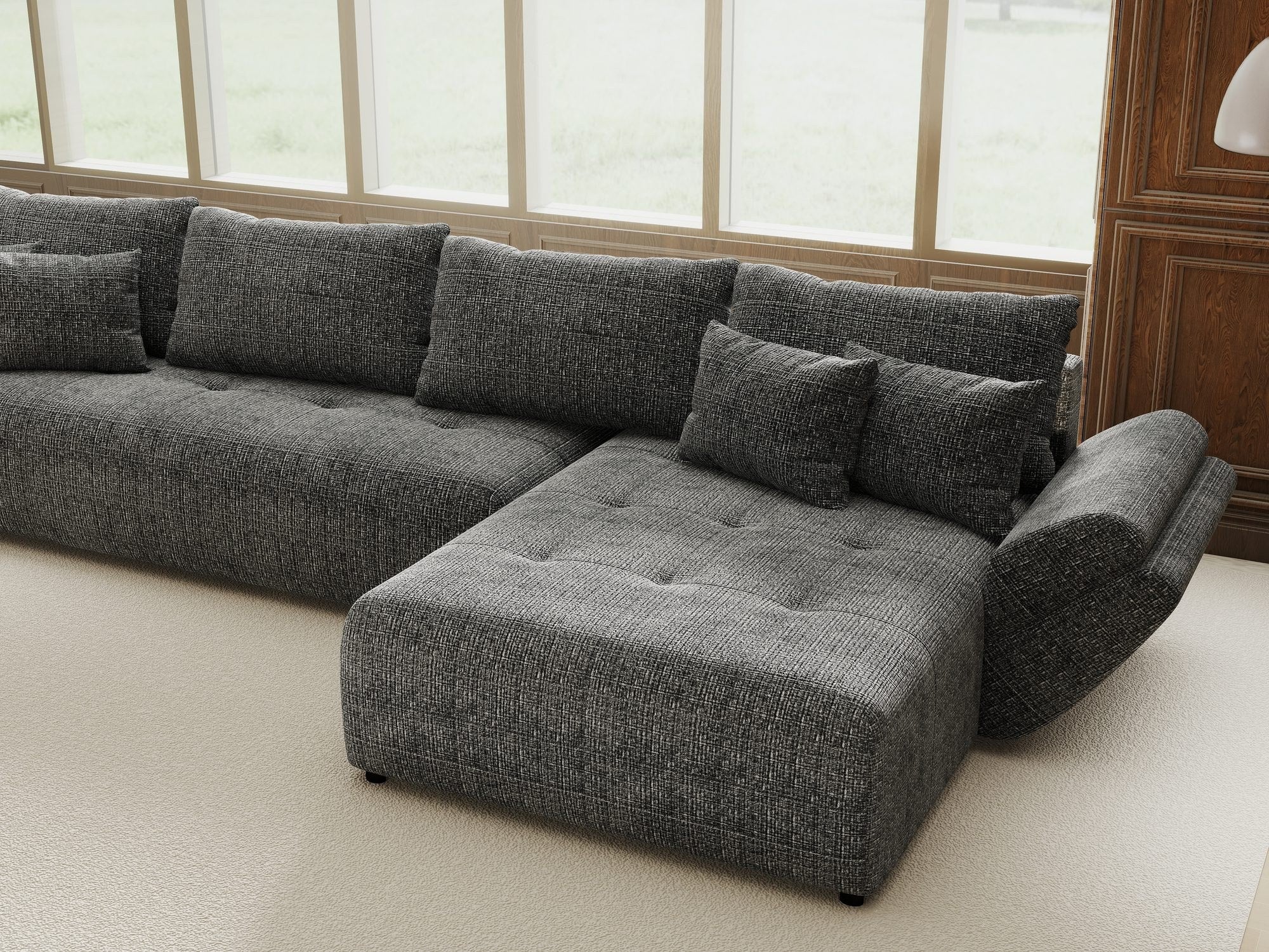 Colțar extensibil dumonde cu ladă de depozitare si sezut confortabil din spuma high-density, Berlin XL Cremona Gri 95 II 350x185 cm