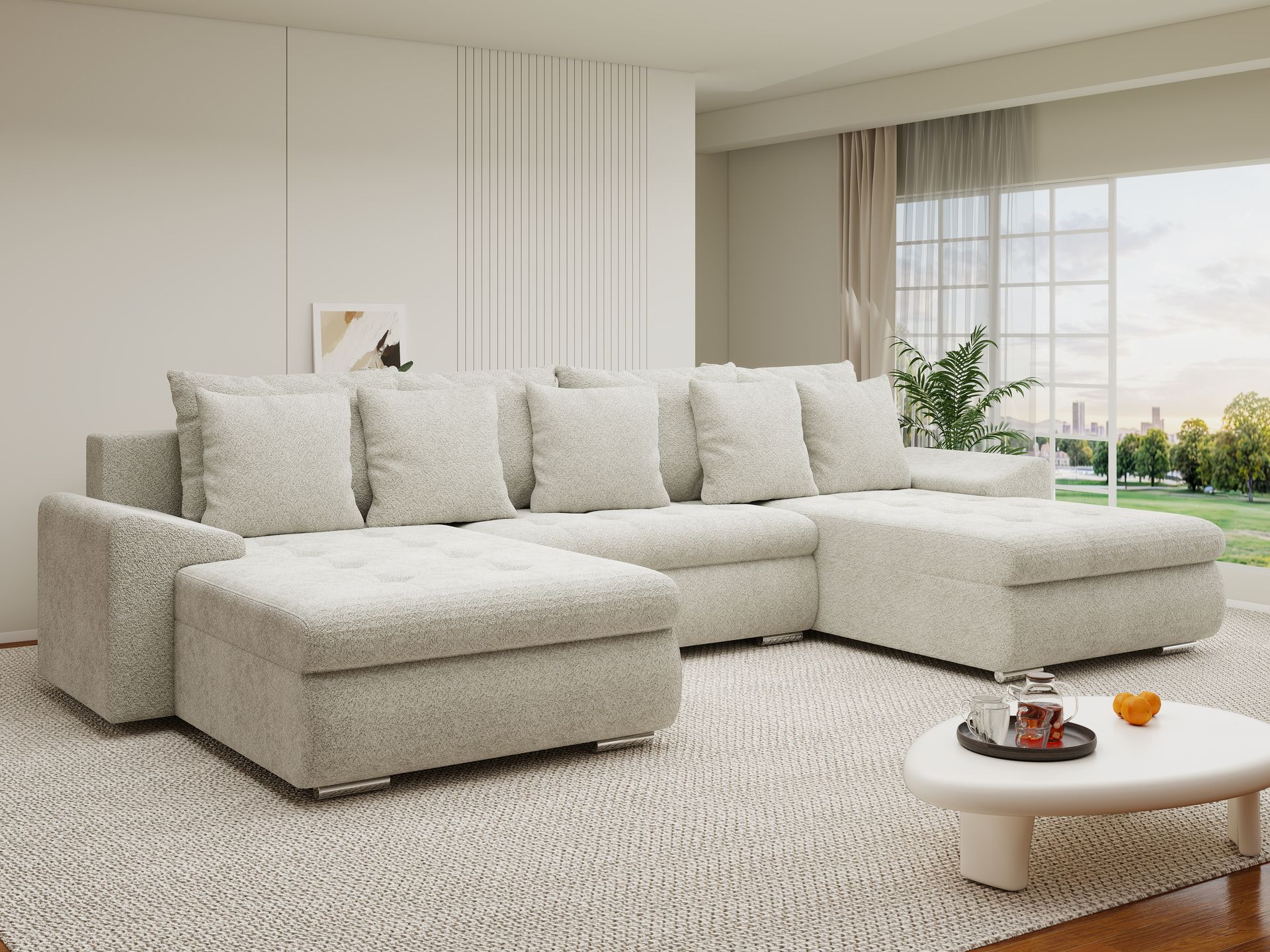 Colțar extensibil dumonde cu ladă de depozitare si sezut confortabil din spuma high-density, Leonardo U Arena Bej 20 360x185 cm
