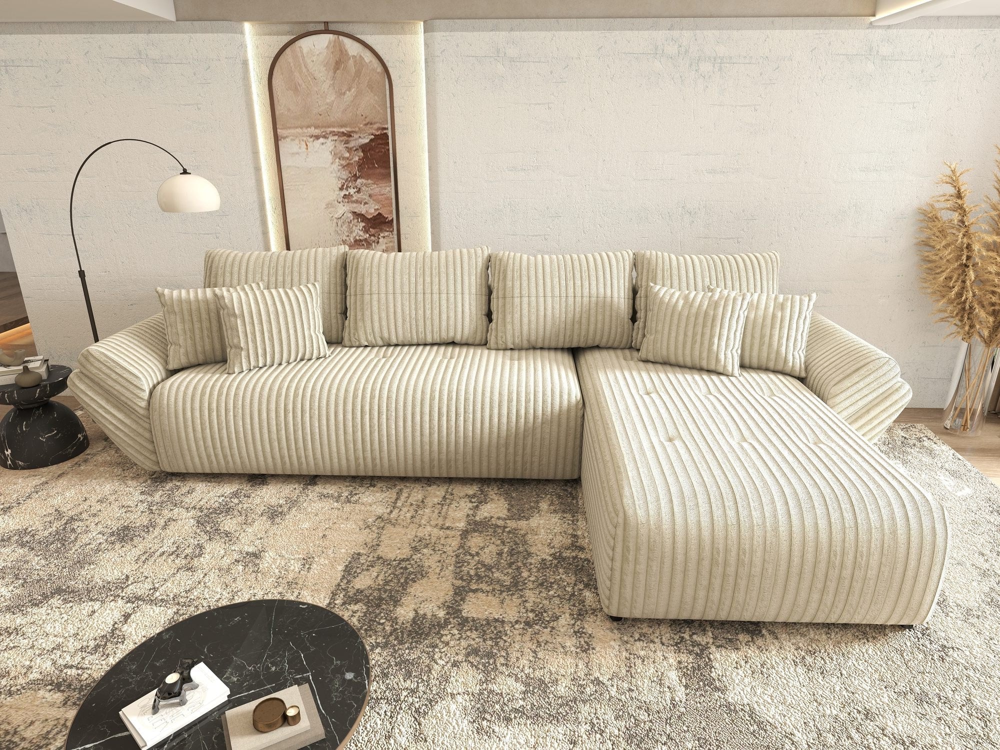 Colțar extensibil dumonde cu ladă de depozitare si sezut confortabil din spuma high-density, Berlin XL Tilia Bej 08 II 350x185 cm