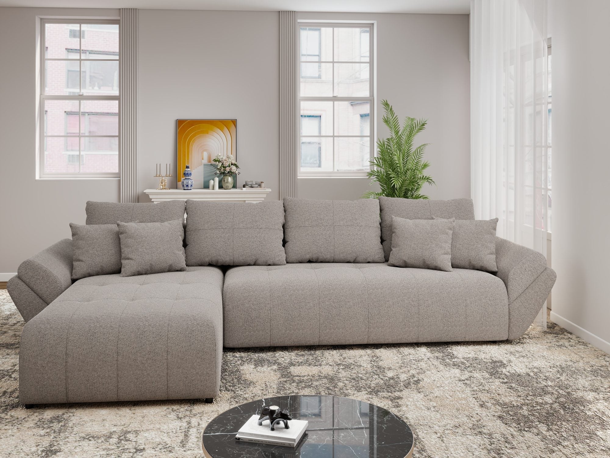 Colțar extensibil dumonde cu ladă de depozitare si sezut confortabil din spuma high-density, Berlin XL Monte Gri 16 350x185 cm
