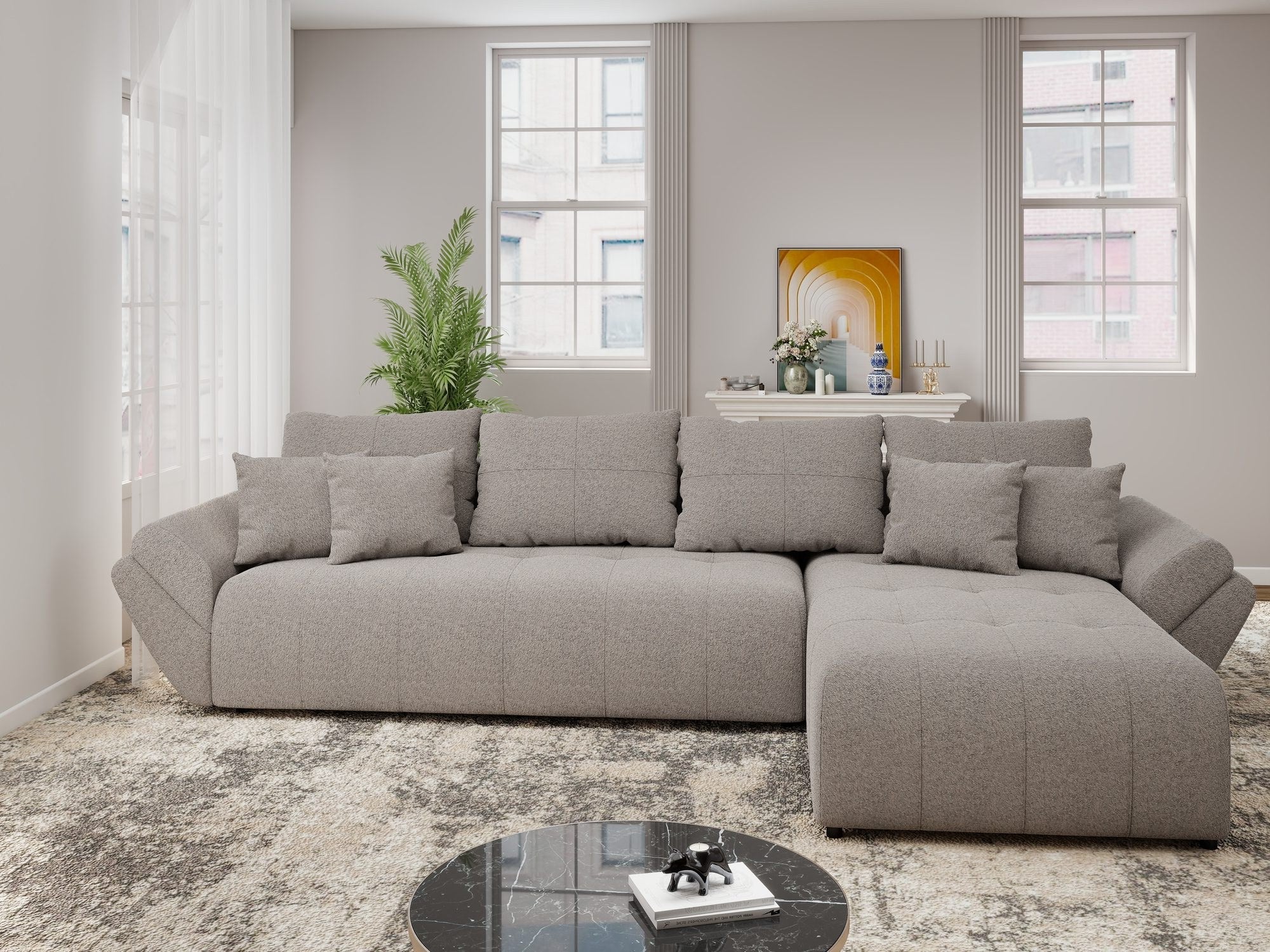 Colțar extensibil dumonde cu ladă de depozitare si sezut confortabil din spuma high-density, Berlin XL Monte Gri 16 II 350x185 cm