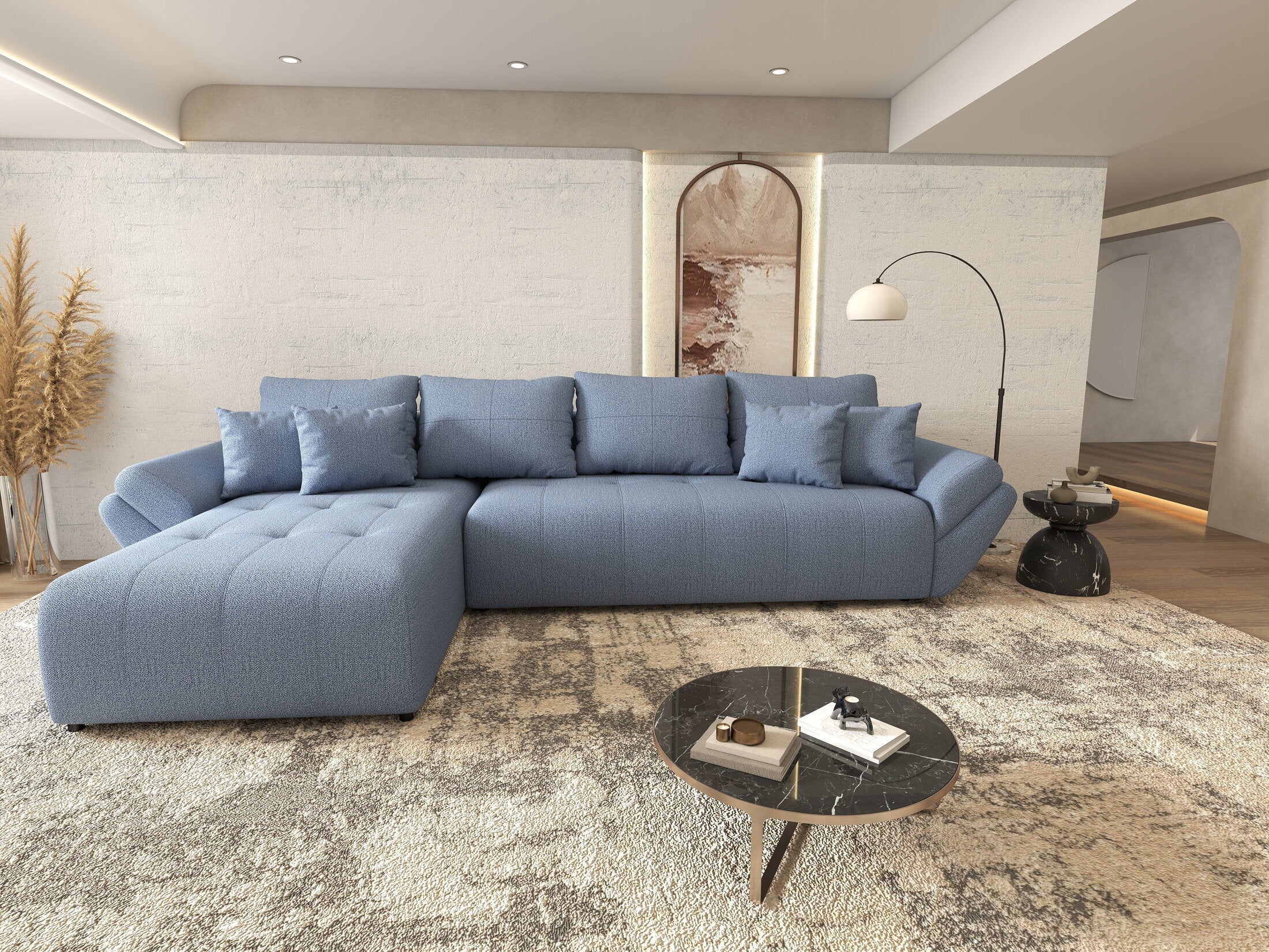 Colțar extensibil dumonde cu ladă de depozitare si sezut confortabil din spuma high-density, Berlin XL Enjoy Blue 350x185 cm