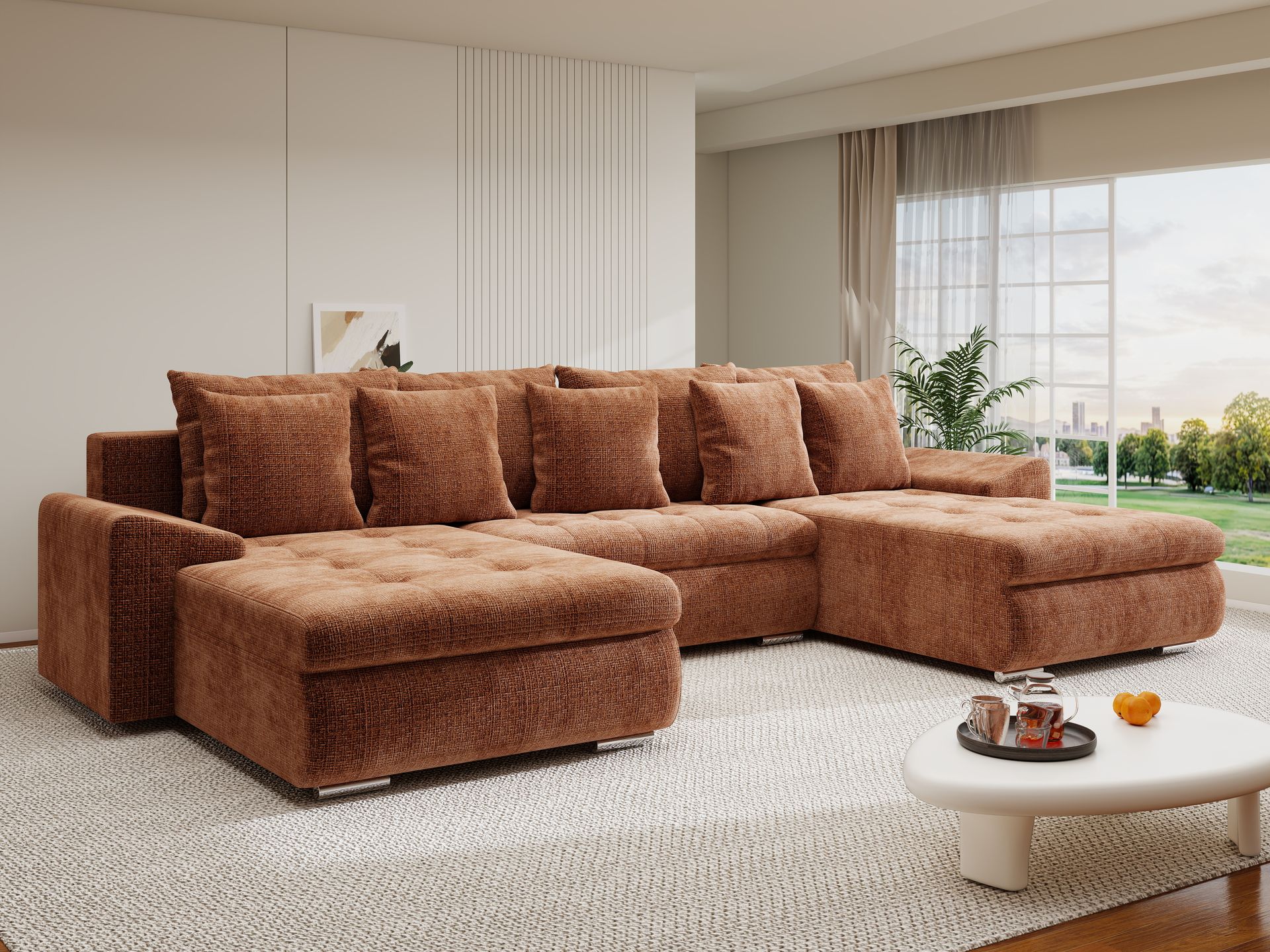 Colțar extensibil dumonde cu ladă de depozitare si sezut confortabil din spuma high-density, Leonardo U Cremona Teracota 52 360x185 cm