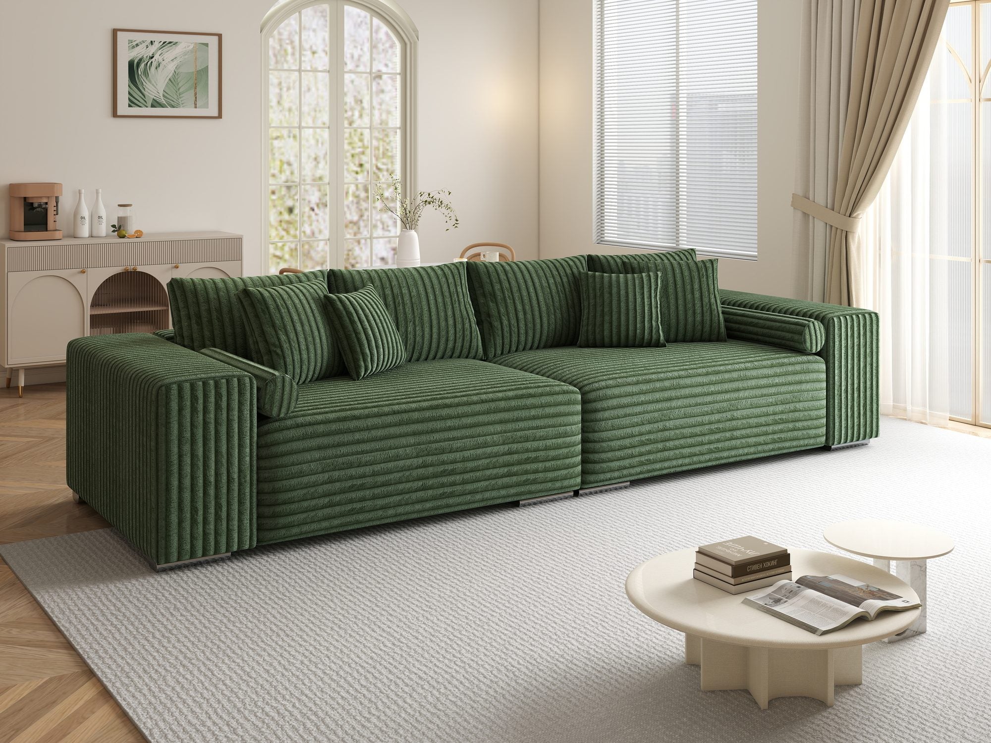 Canapea extensibilă dumonde cu ladă de depozitare si sezut confortabil din spuma high-density, Marbela XXL Tilia Verde 39 290x100 cm