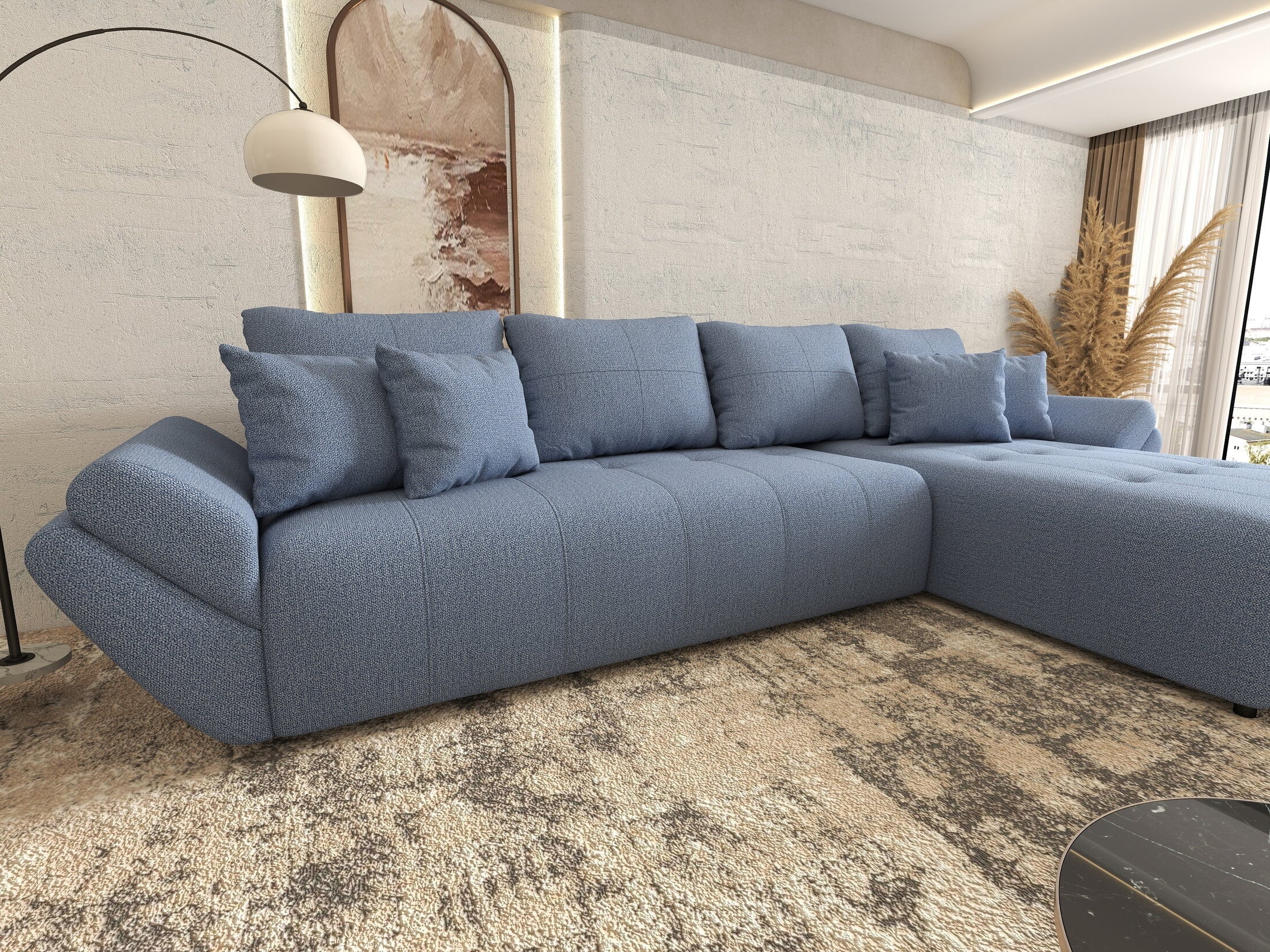 Colțar extensibil dumonde cu ladă de depozitare si sezut confortabil din spuma high-density, Berlin XL Enjoy Blue 350x185 cm II