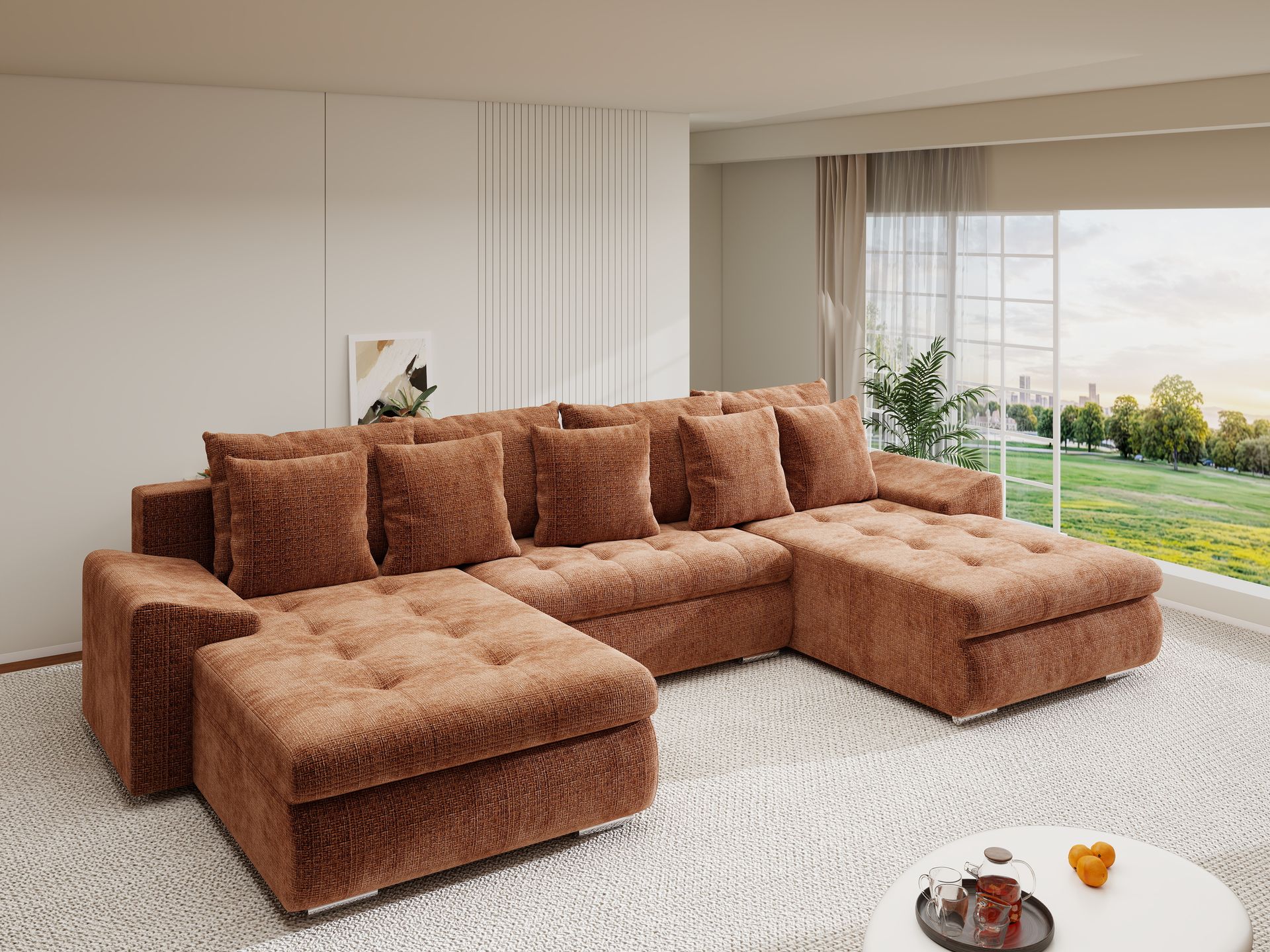 Colțar extensibil dumonde cu ladă de depozitare si sezut confortabil din spuma high-density, Leonardo U Cremona Teracota 52 360x185 cm