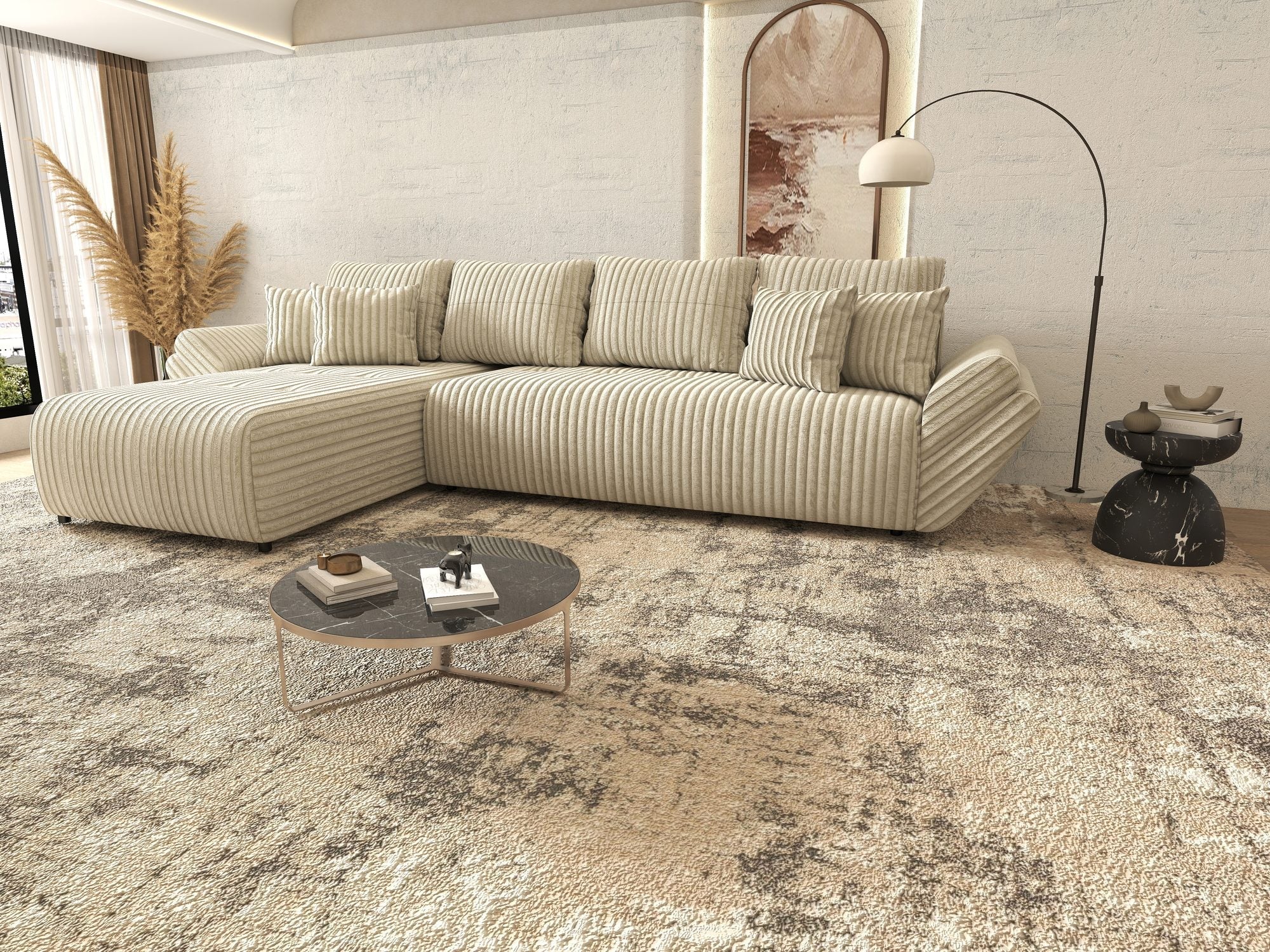 Colțar extensibil dumonde cu ladă de depozitare si sezut confortabil din spuma high-density, Berlin XL Tilia Bej 08 350x185 cm