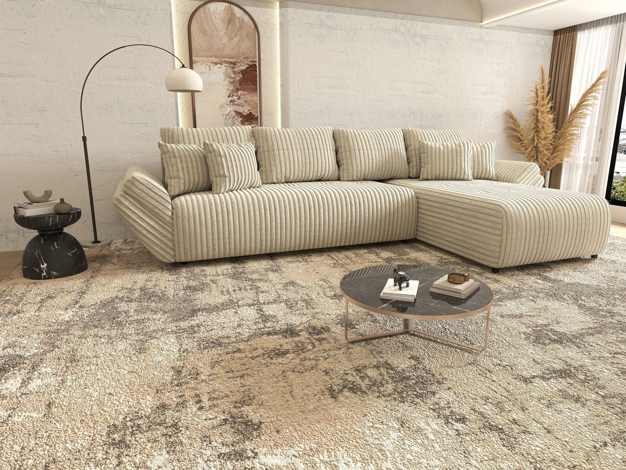 Colțar extensibil dumonde cu ladă de depozitare si sezut confortabil din spuma high-density, Berlin XL Tilia Bej 08 II 350x185 cm