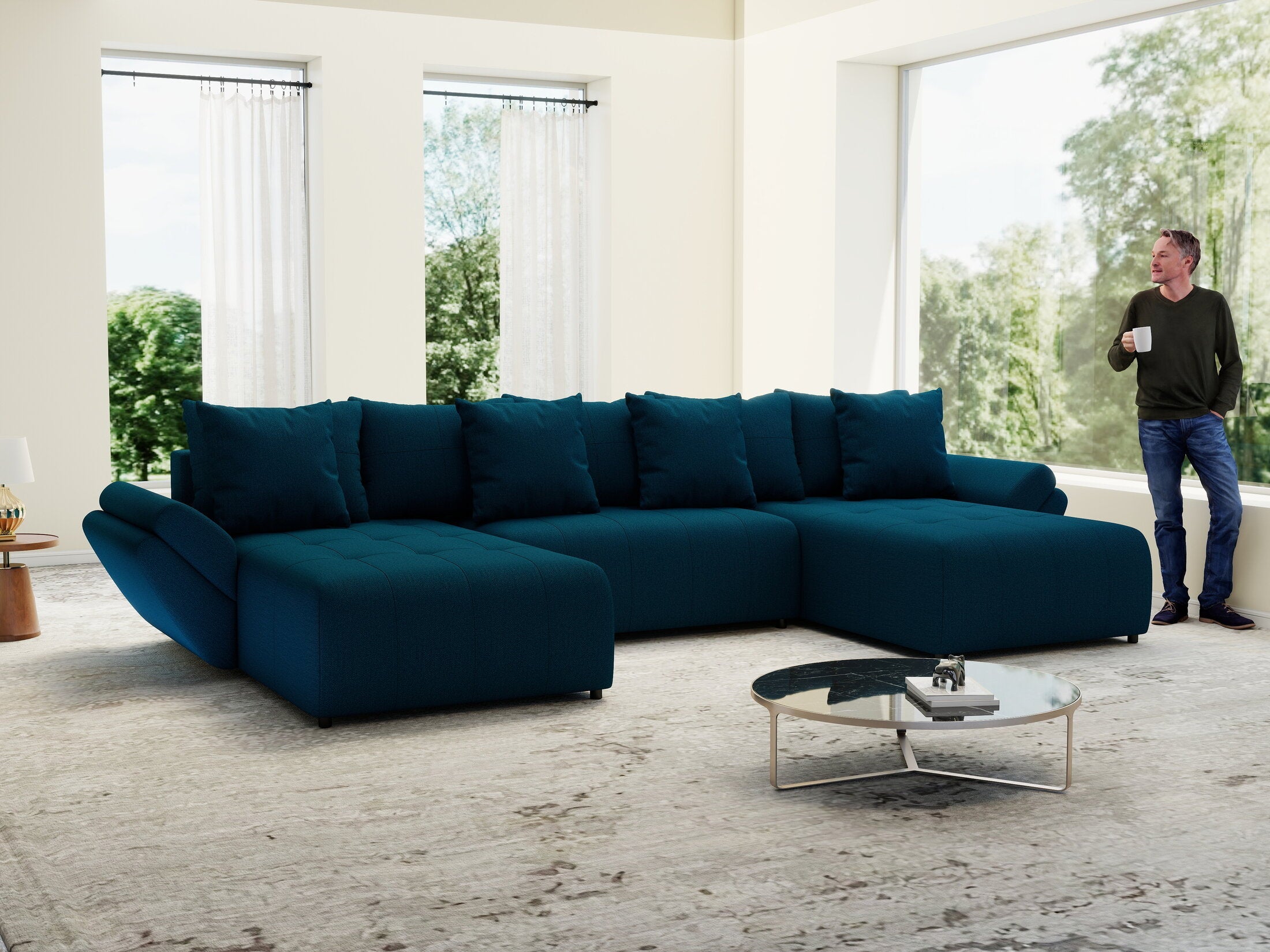 Colțar extensibil dumonde cu ladă de depozitare si sezut confortabil din spuma high-density, Berlin U Enjoy Petrol 400x185 cm