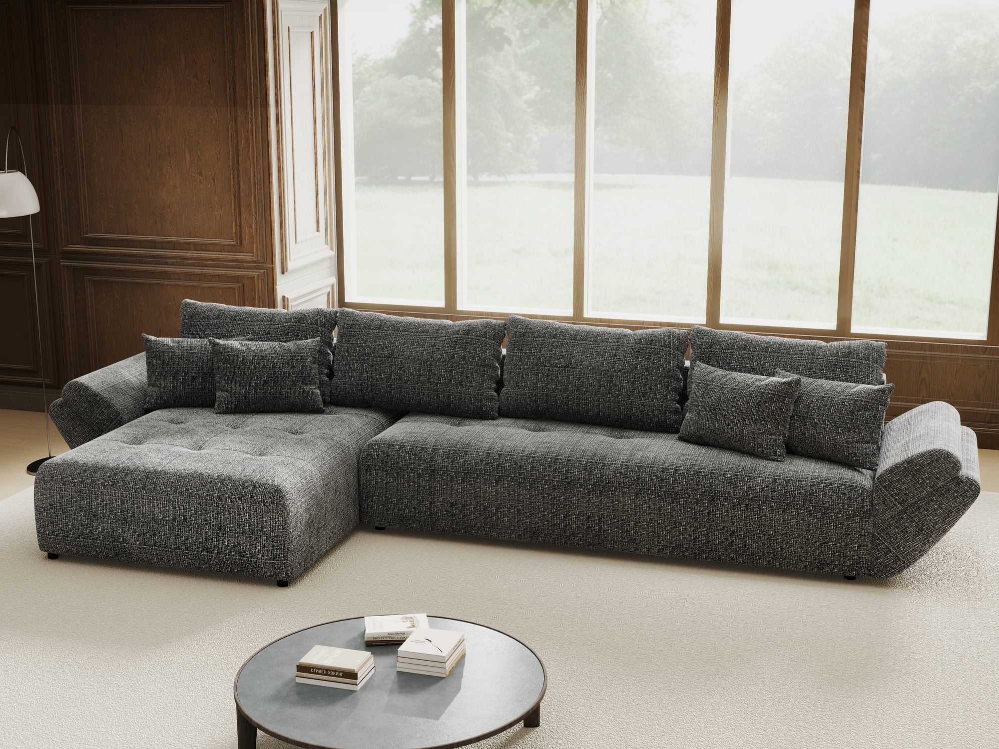 Colțar extensibil dumonde cu ladă de depozitare si sezut confortabil din spuma high-density, Berlin XL Cremona Gri 95 350x185 cm