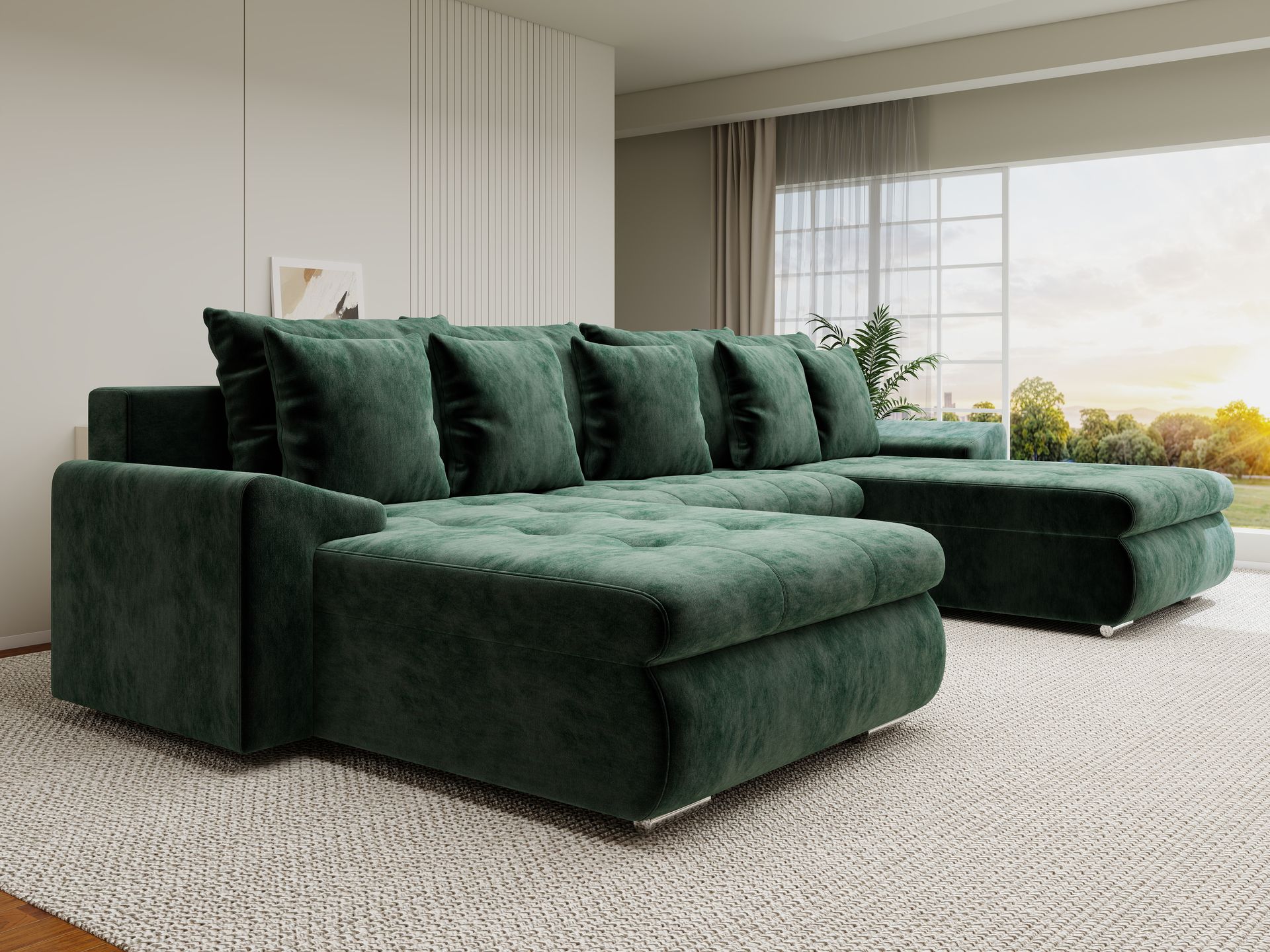 Colțar extensibil dumonde cu ladă de depozitare si sezut confortabil din spuma high-density, Leonardo U Monolith Verde 37 360x185 cm