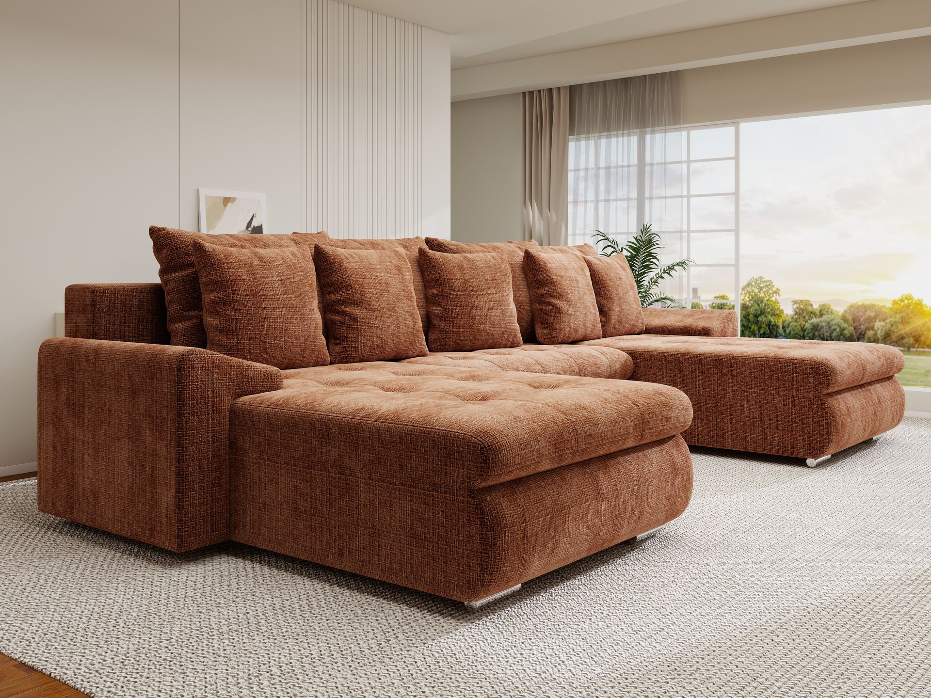 Colțar extensibil dumonde cu ladă de depozitare si sezut confortabil din spuma high-density, Leonardo U Cremona Teracota 52 360x185 cm