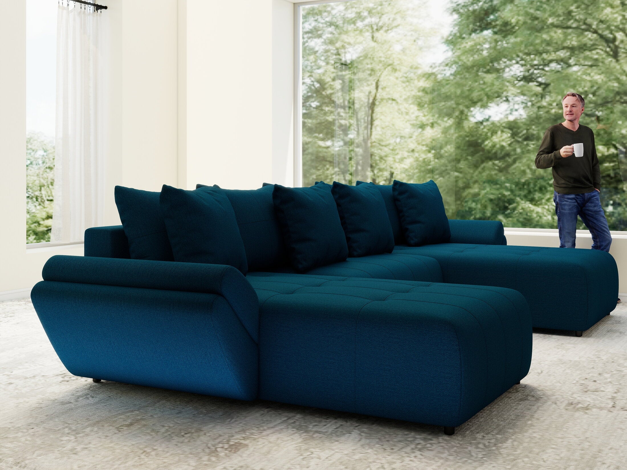 Colțar extensibil dumonde cu ladă de depozitare si sezut confortabil din spuma high-density, Berlin U Enjoy Petrol 400x185 cm